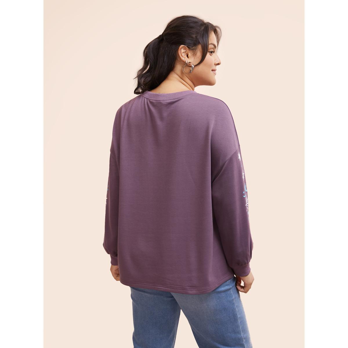 Plus Size Moon & Star Drop Shoulder Sweatshirt Women Mauve Casual Patchwork Round Neck Everyday Sweatshirts BloomChic 28/5X Product Image