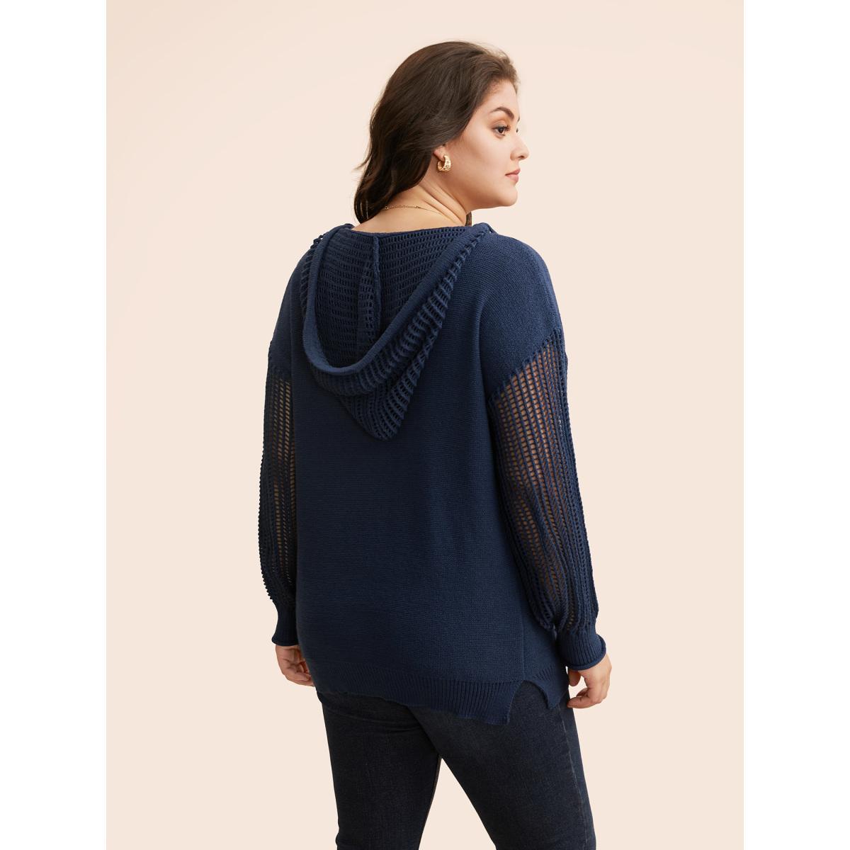 Plus Size Hooded Drawstring Cut Out Pocket Pullover Indigo Women Casual Three Quater Length Sleeve V-neck Everyday Pullovers BloomChic 22-24/3X Product Image