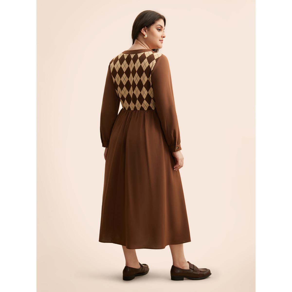 Plus Size Geometric Crew Neck Button Detail Dress Browncoffeecolor Women Elegant Patchwork Round Neck Long Sleeve Curvy BloomChic 28/5X Product Image
