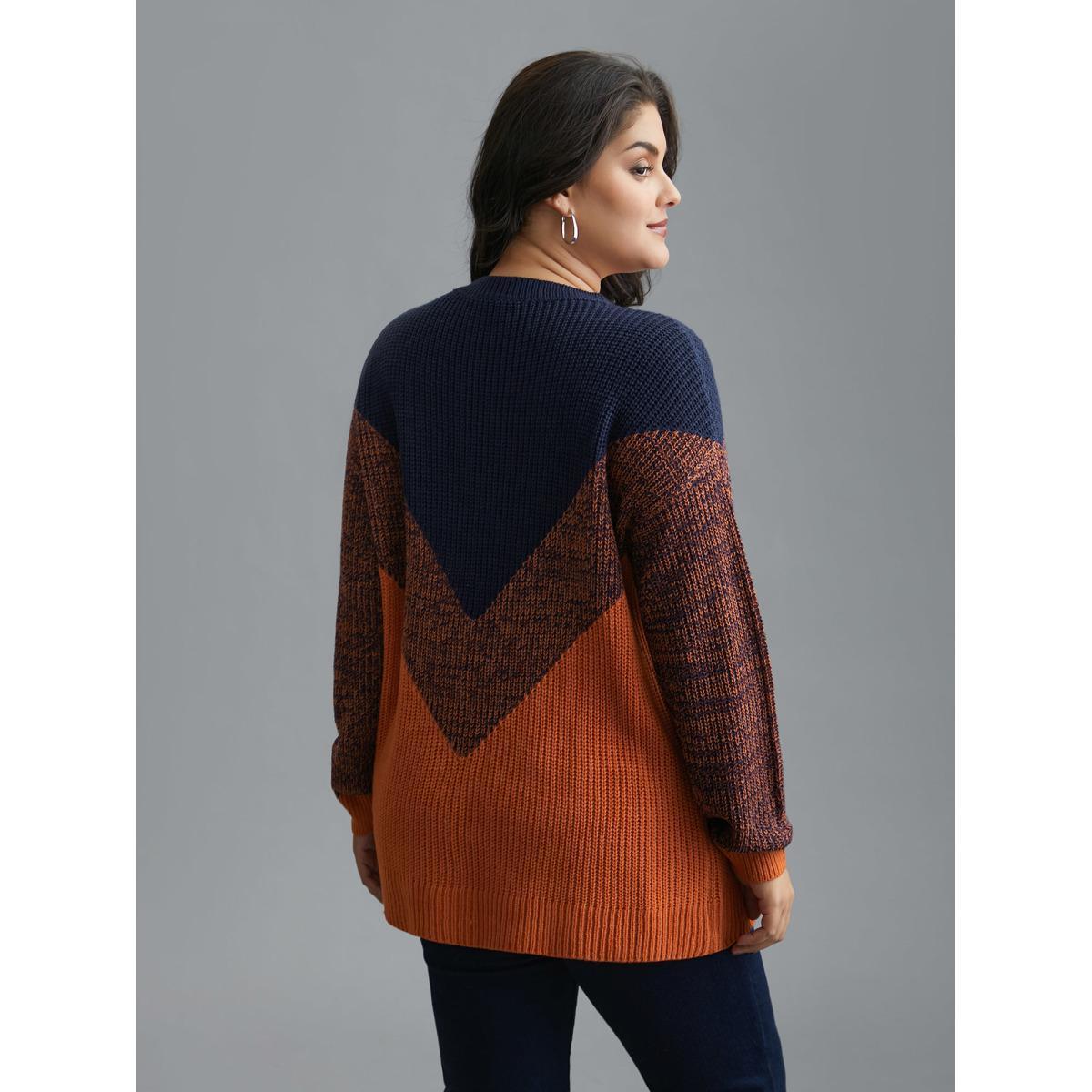 Plus Size Textured Balloon Sleeves Color Block Pullover Indigo Women Casual Loose Long Sleeve Round Neck Everyday Pullovers BloomChic 28/5X Product Image