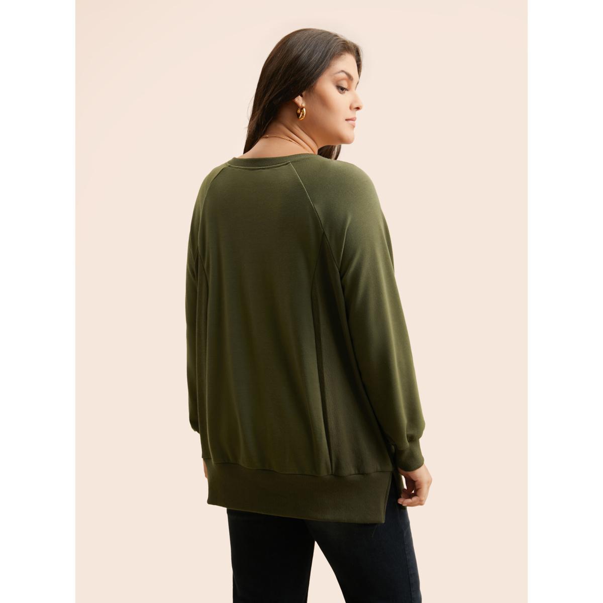 Plus Size Crew Neck Patchwork Split Hem T-shirt Women ArmyGreen Casual Patchwork Round Neck Everyday Sweatshirts BloomChic 18-20/2X Product Image