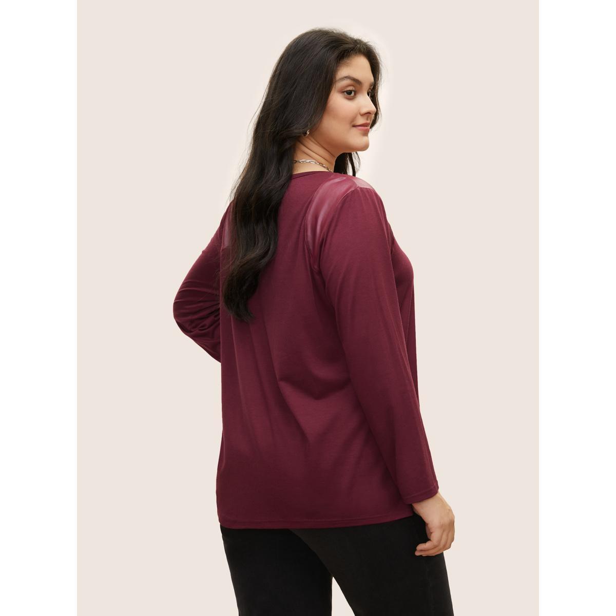 Plus Size Crew Neck Plain PU Leather T-shirt Burgundy Women Casual Patchwork Plain Round Neck Everyday T-shirts BloomChic 18-20/2X Product Image