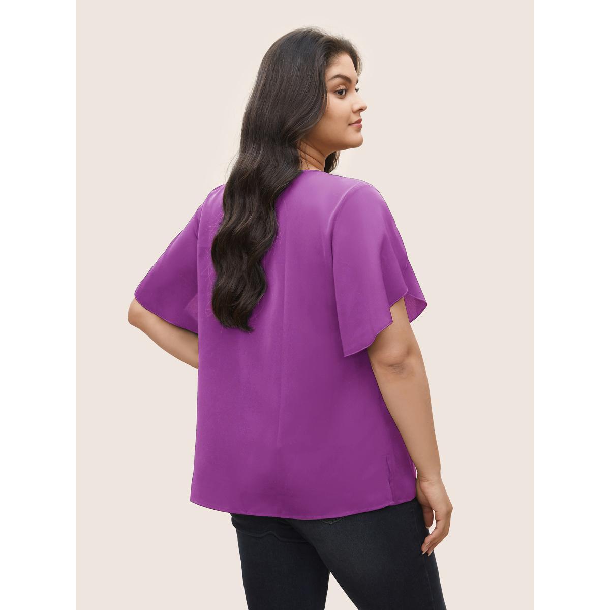 Plus Size Purple Solid Keyhole Petal Sleeve Pleated Blouse Women Work From Home Short sleeve Notched collar Work Blouses BloomChic 26/4X Product Image