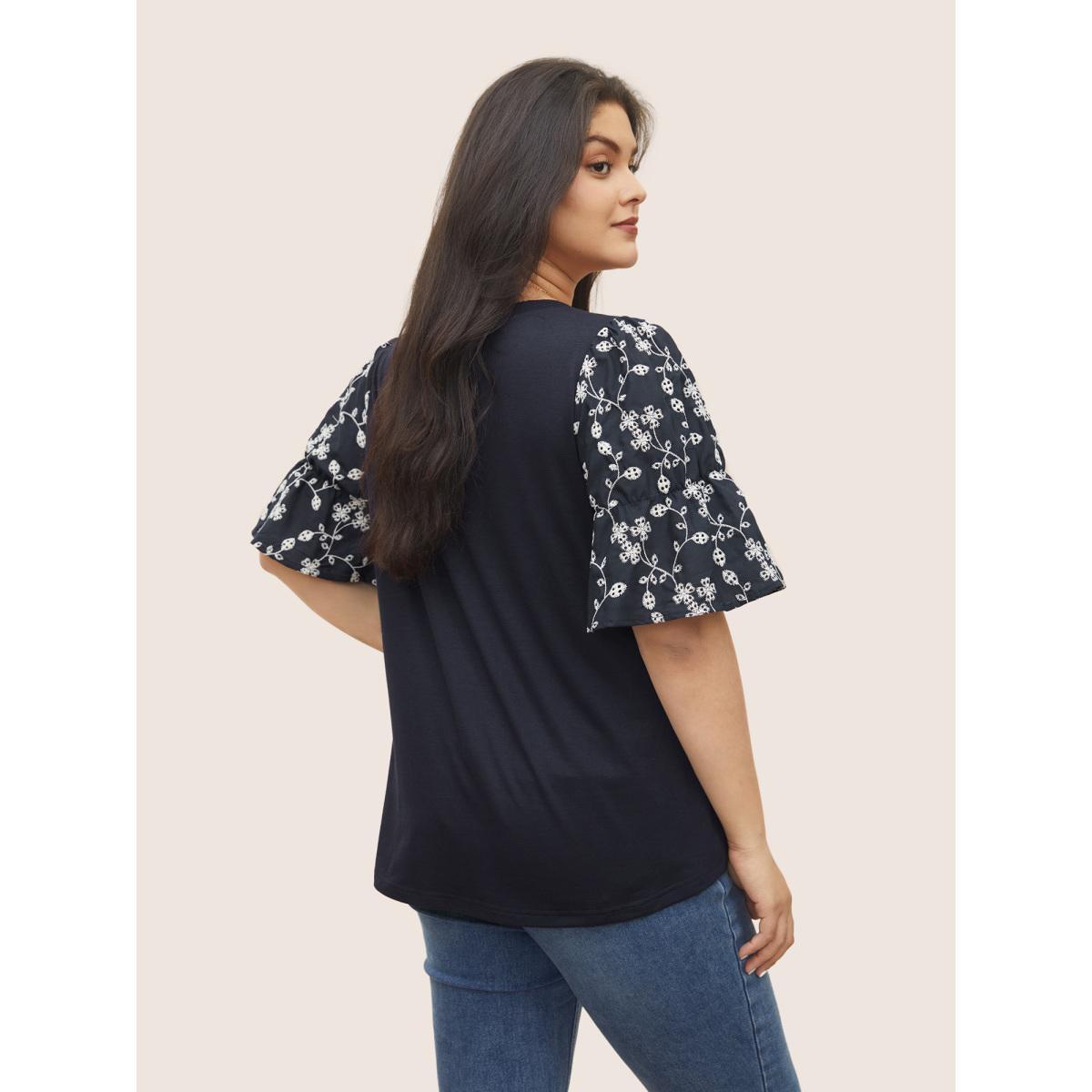Plus Size Ditsy Floral Patchwork Broderie Anglaise T-shirt Midnight Women Elegant Patchwork Ditsy Floral Round Neck Everyday T-shirts BloomChic 28/5X Product Image