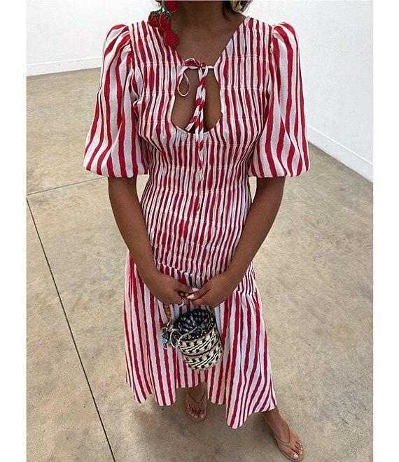 Never Fully Dressed Nara Stripe Print Crew Neck Short Puff Sleeves Maxi Dress Product Image