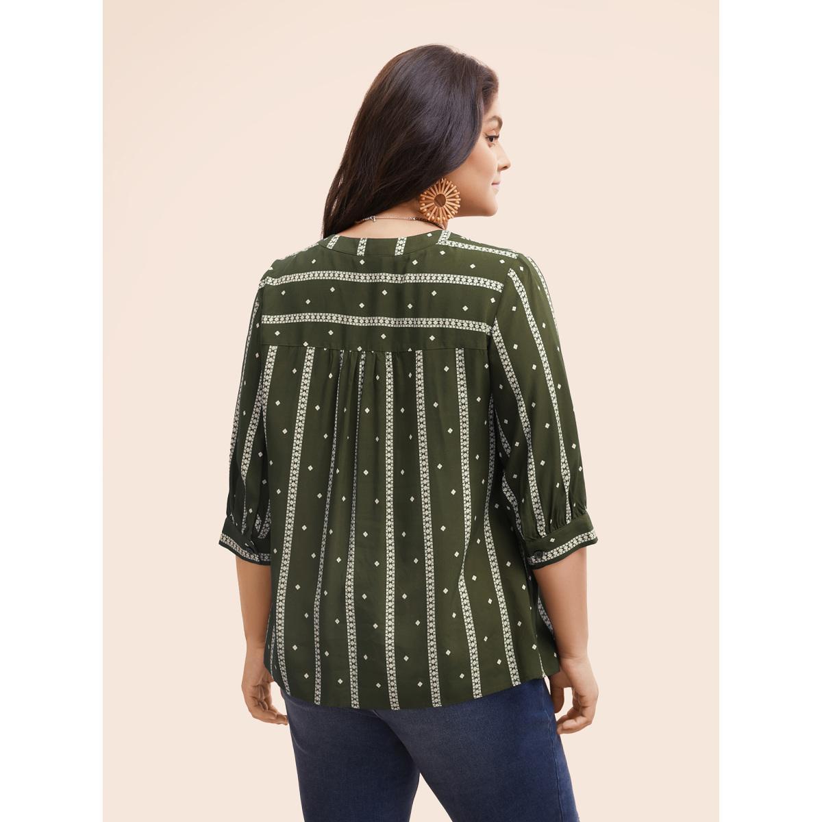 Plus Size ArmyGreen Striped Geometric Notched Gathered Blouse Women Resort Elbow-length sleeve Notched collar Vacation Blouses BloomChic 18-20/2X Product Image