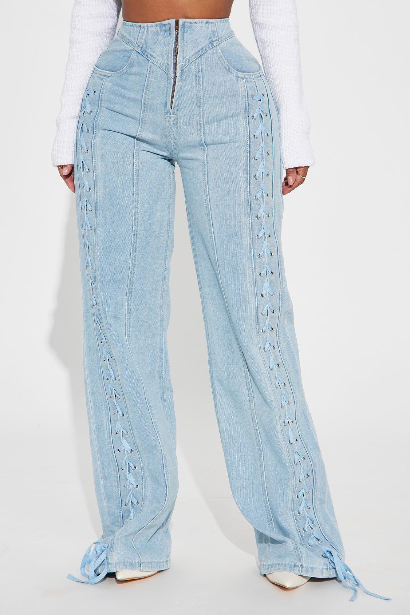 Kendall Lace Up Non Stretch Straight Leg Jeans - Light Wash Product Image