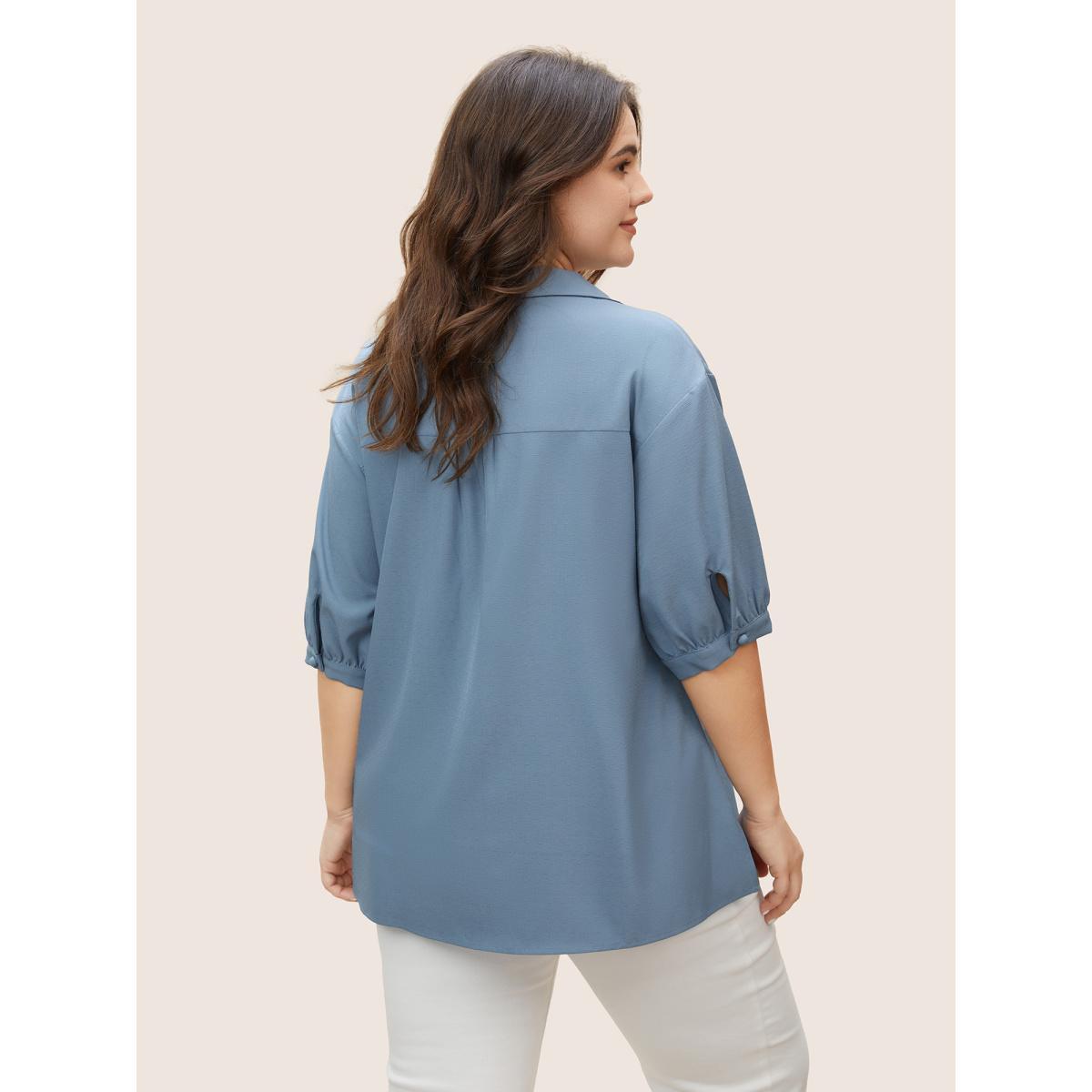 Plus Size Stone Plain Lapel Collar Gathered Puff Sleeve Blouse Women Work From Home Half Sleeve V-neck Work Blouses BloomChic 26/4X Product Image