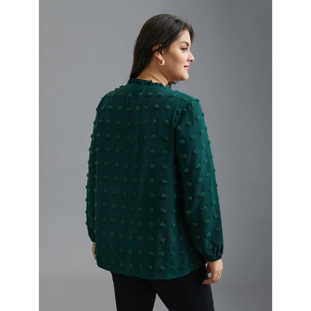 Plus Size DarkGreen Notched Collar Ruffle Trim Textured Blouse Women Elegant Extra Long Sleeve V-neck Everyday Blouses BloomChic 30/6X Product Image