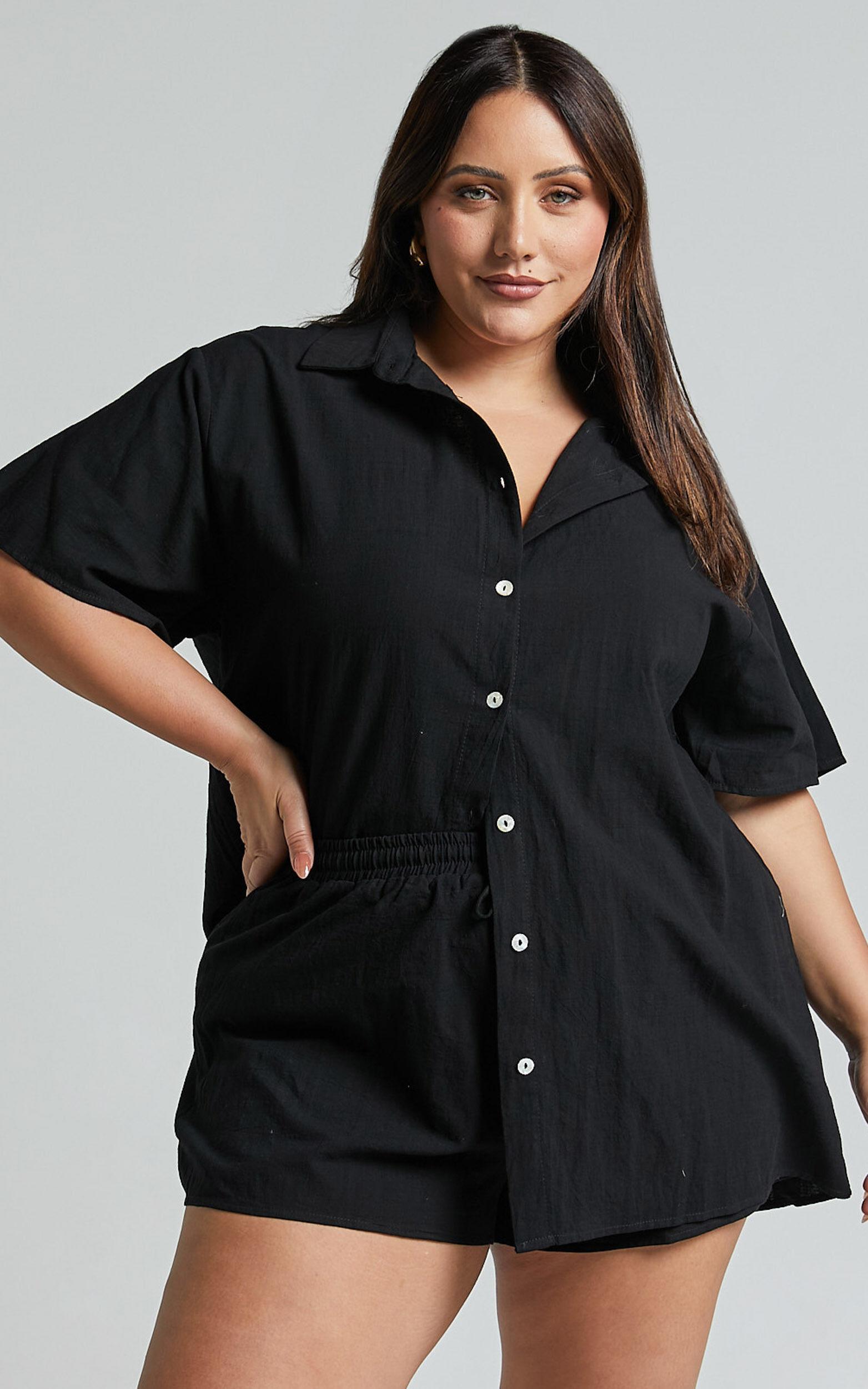 Vina Del Mar Two Piece Set - Linen Look Shirt and Shorts Set in Black Product Image