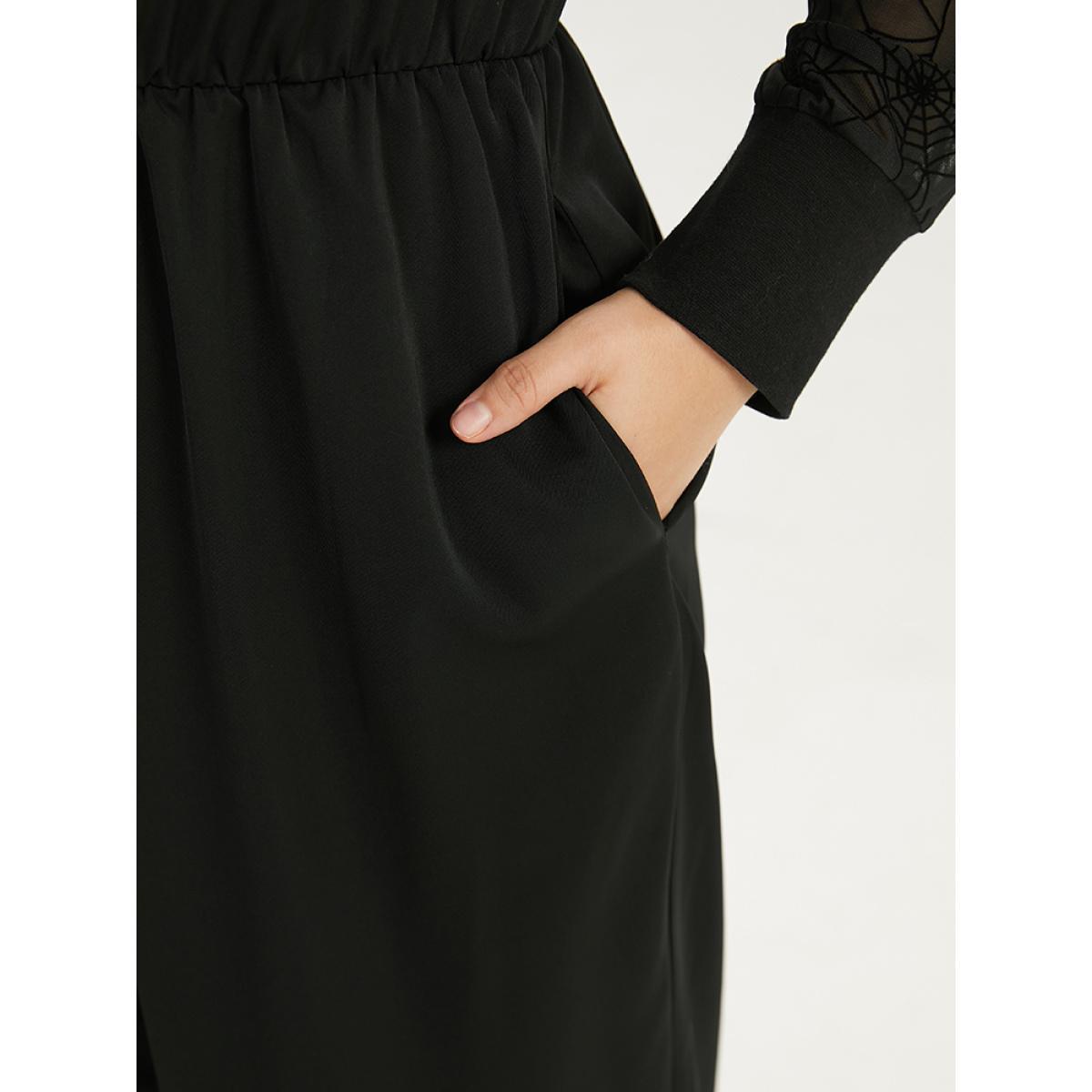 Plus Size Black Halloween Anti-Wrinkle Spider Web Crochet Lace Mesh Jumpsuit Women Glamour Long Sleeve Mock Neck Festival-Halloween Loose Jumpsuits BloomChic 12/L Product Image