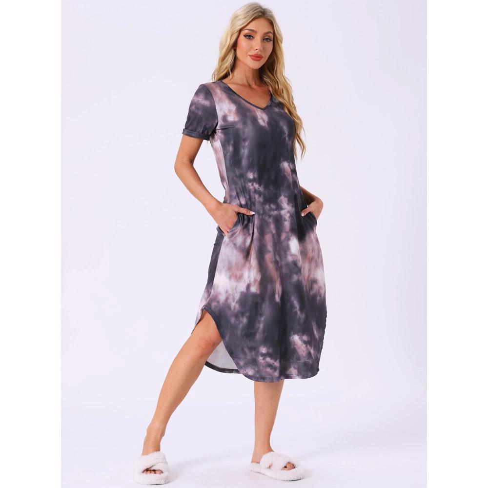 cheibear Women's V Neck Short Sleeve Long Nightgown Lounge Dress with Pocket Tie Dye Black Pink Medium Product Image
