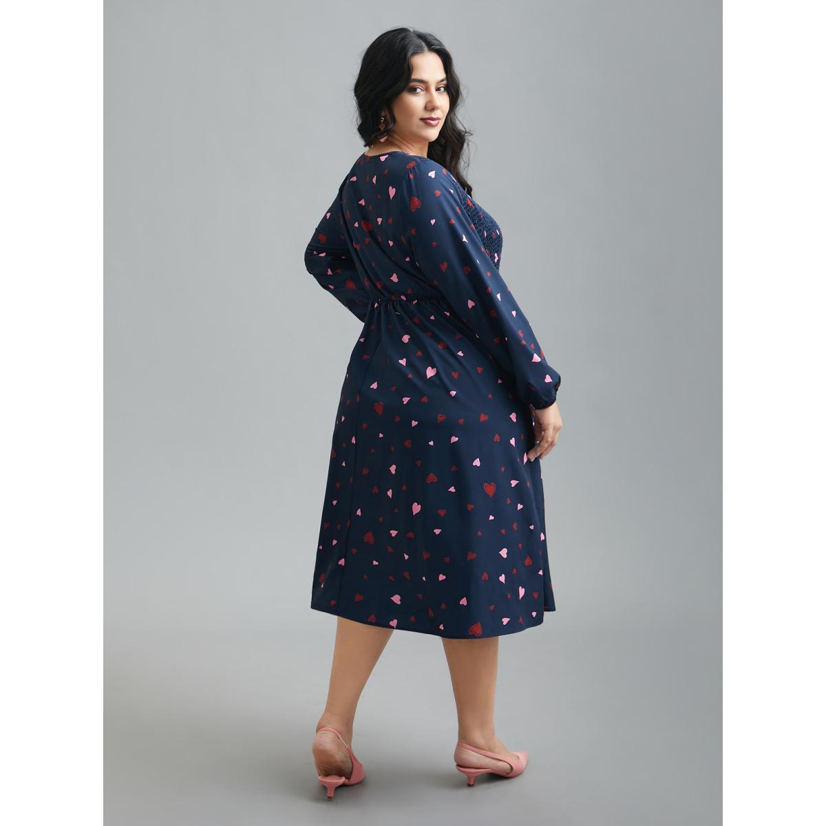 Plus Size Square Neck Shirred Hearts Midi Dress Indigo Women Elegant Shirred Square Neck Long Sleeve Curvy BloomChic 14-16/1X Product Image