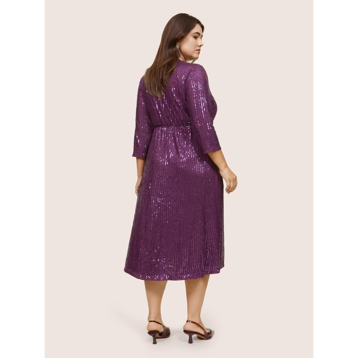 Plus Size Solid Sequin Wrap Hem Elastic Waist Dress Purple Women Cocktail Sequin V-neck Elbow-length sleeve Curvy Midi Dress BloomChic 12/L Product Image