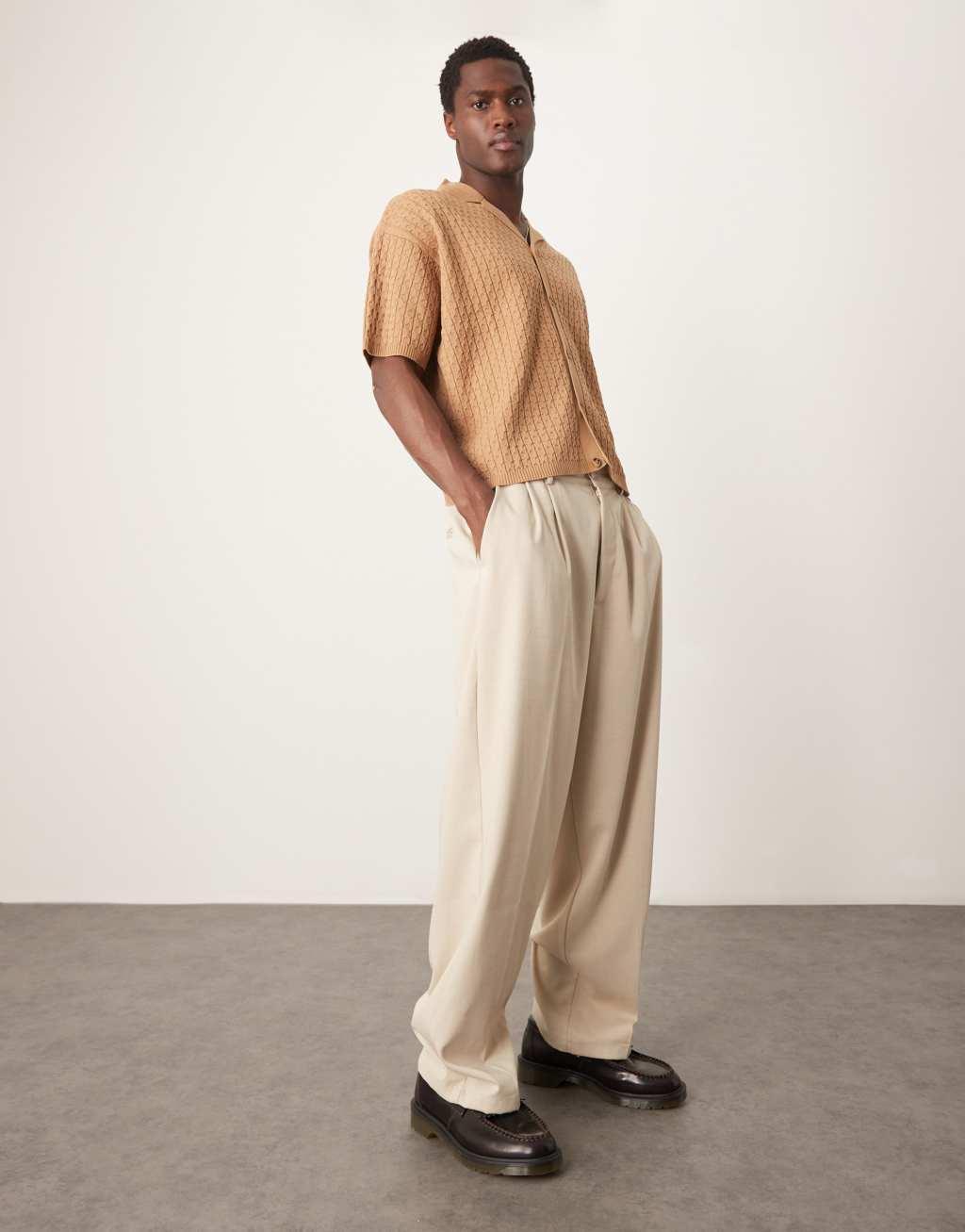 ASOS DESIGN oversized lightweight knitted shirt with cable knit in brown  Product Image