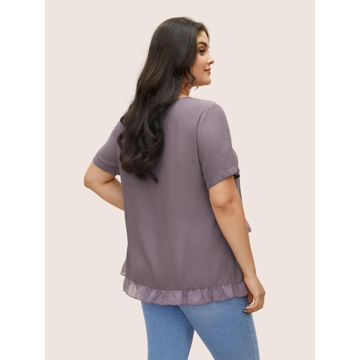 Plus Size Mauve Plain Tiered Ruffles Patched Pocket Blouse Women Casual Short sleeve Round Neck Everyday Blouses BloomChic 26/4X Product Image