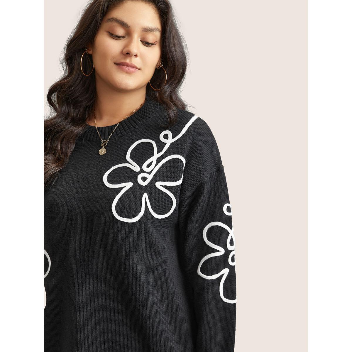 Plus Size Supersoft Essentials Floral Embroidered Crew Neck Pullover Black Women Casual Loose Long Sleeve Round Neck Everyday Pullovers BloomChic 28/5X Product Image