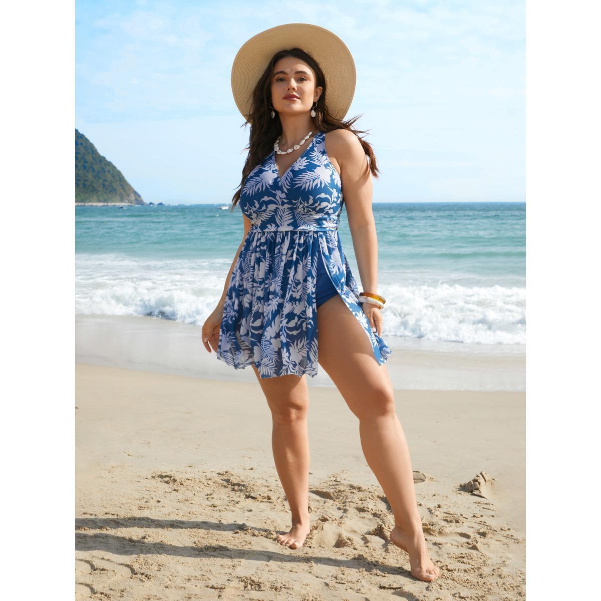Plus Size Tropical Print Adjustable Slit Swim Dress Women's Swimwear Cerulean Beach Bodycon Overlap Collar High stretch Curve Swim Dresses BloomChic 12/L Product Image