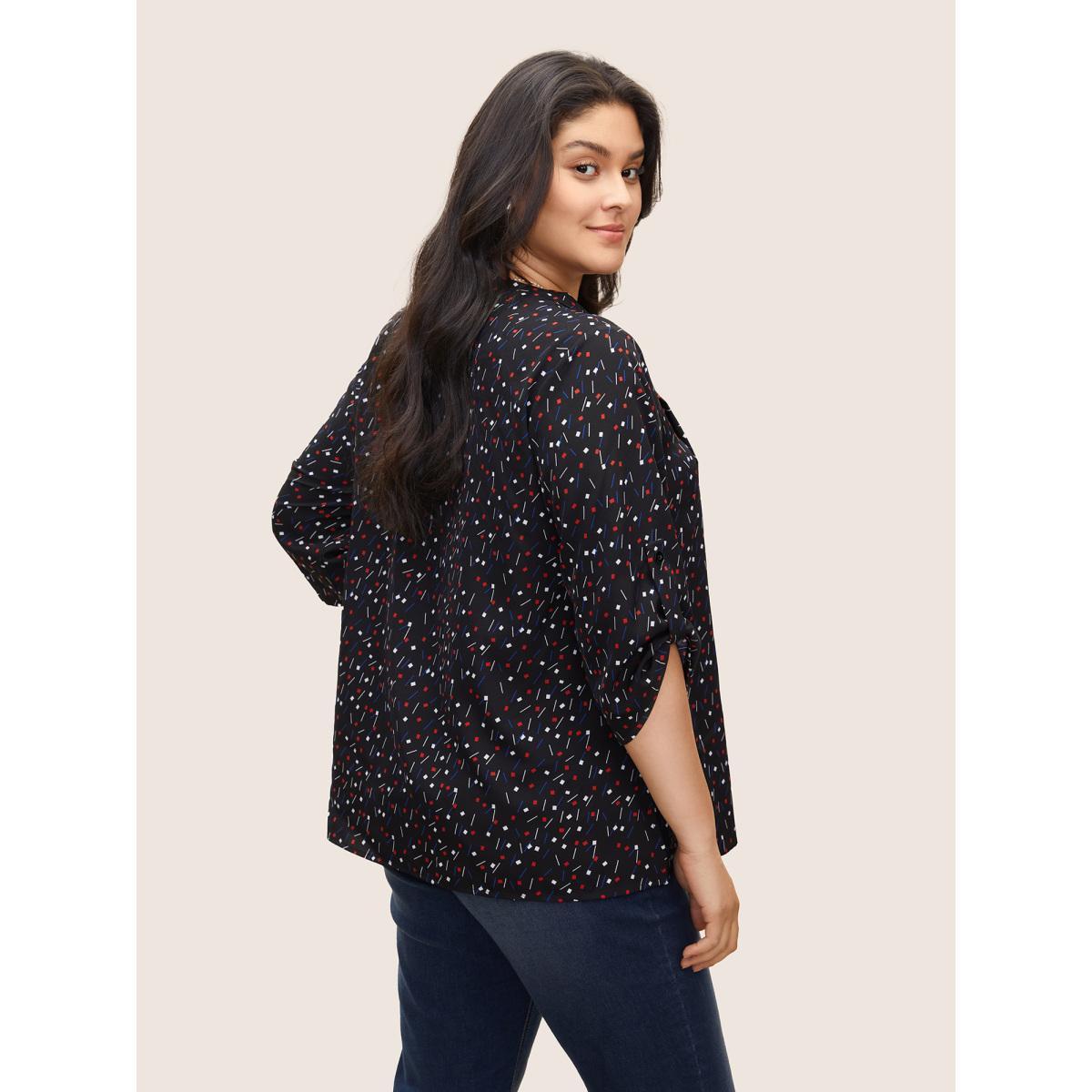 Plus Size Black Geometric Tab Sleeve Tie Neck Blouse Women At the Office Elbow-length sleeve Ribbon-tied collar Work Blouses BloomChic 10/M Product Image
