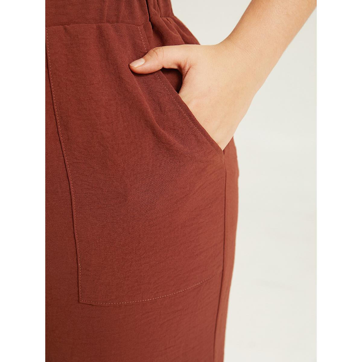 Plus Size Plain Frayed Hem Pocket Bowknot Pants Women Rust Office Straight Leg High Rise Work Pants BloomChic 30/6X Product Image