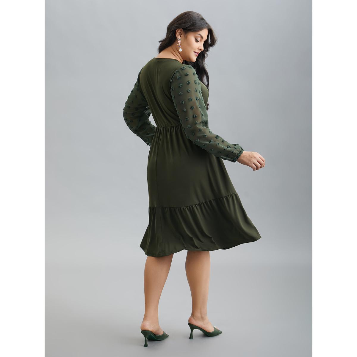 Plus Size Sheer Chiffon Textured Waist-Defined Midi Dress ArmyGreen Women Elegant Texture Round Neck Extra Long Sleeve Curvy BloomChic 18-20/2X Product Image