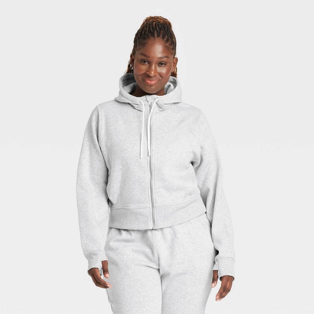 Women's Fleece Full Zip Hooded Sweatshirt - All In Motion™ Heathered XS: Relaxed Fit, Seam Pocket, Thumbholes Product Image