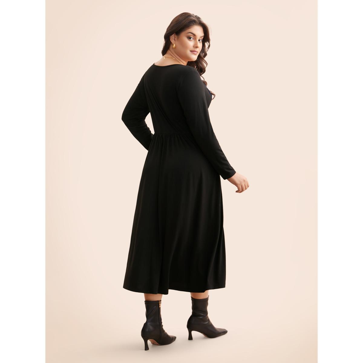 Plus Size Square Neck Textured Patchwork Crisscross Dress Indigo Women Elegant Wraparound straps Square Neck Long Sleeve Curvy BloomChic 10/M Product Image