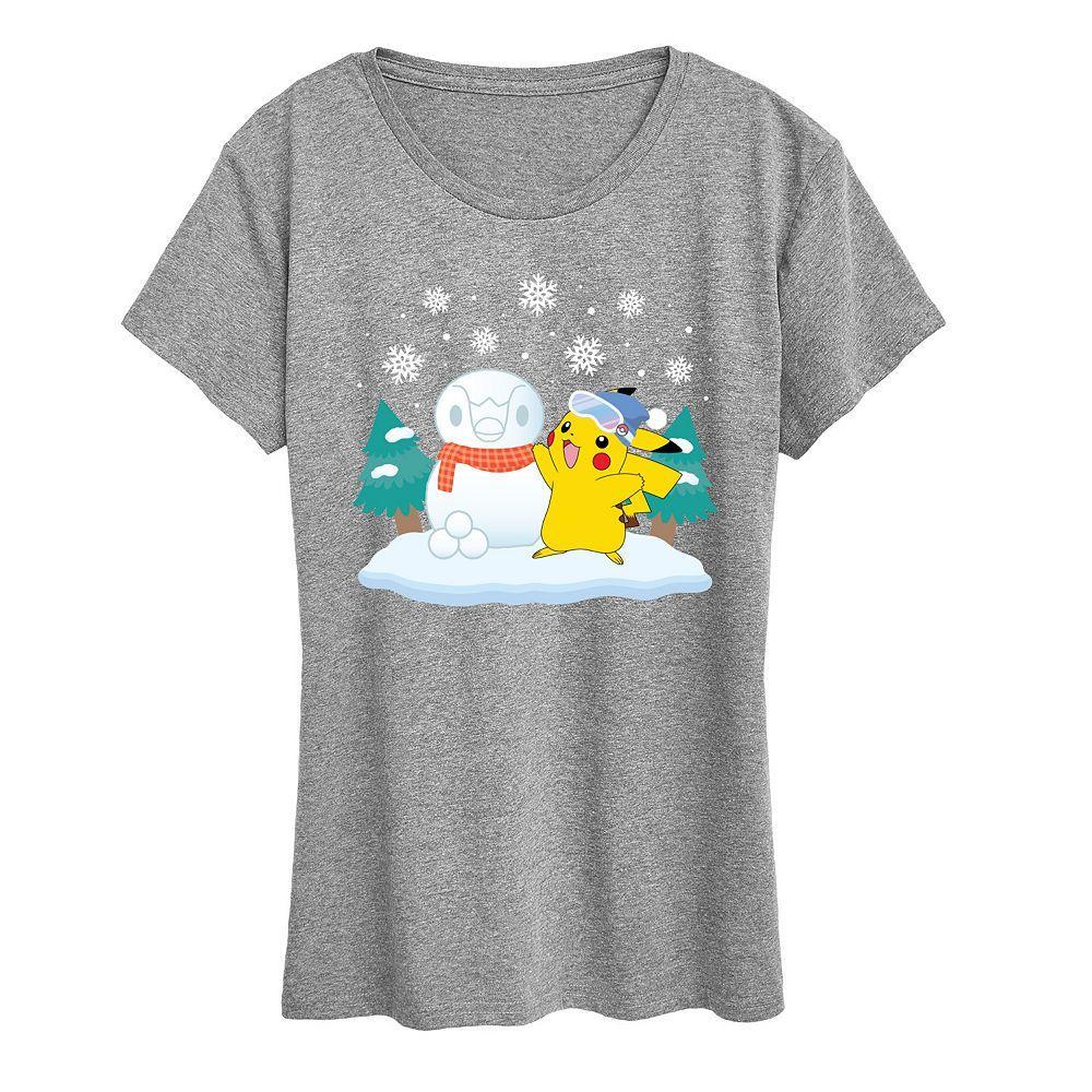 Womens Pokemon Pikachu Piplup Snowman Graphic Tee Grey Green Product Image