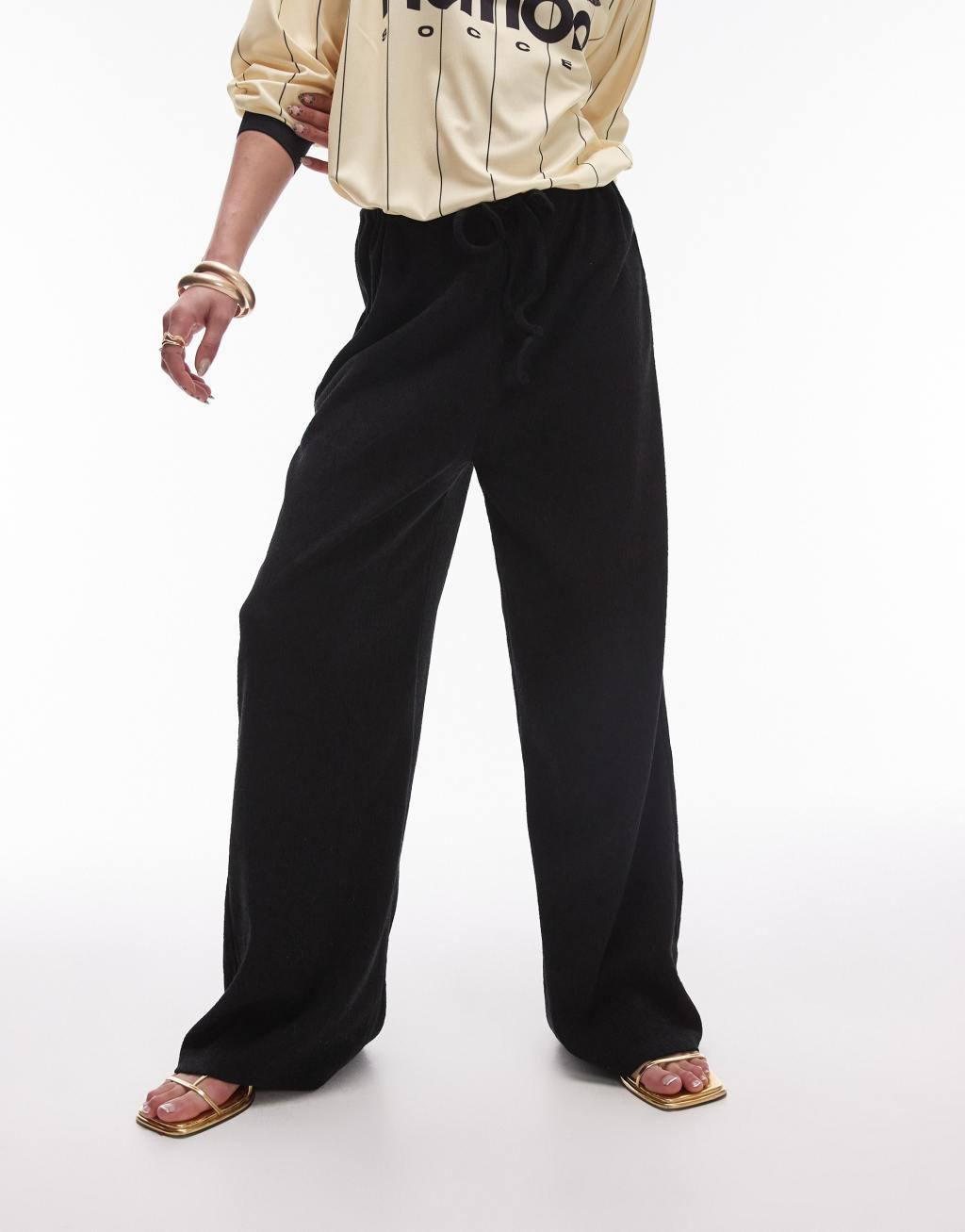 Topshop oversized crinkle drawstring straight leg pants in black Product Image