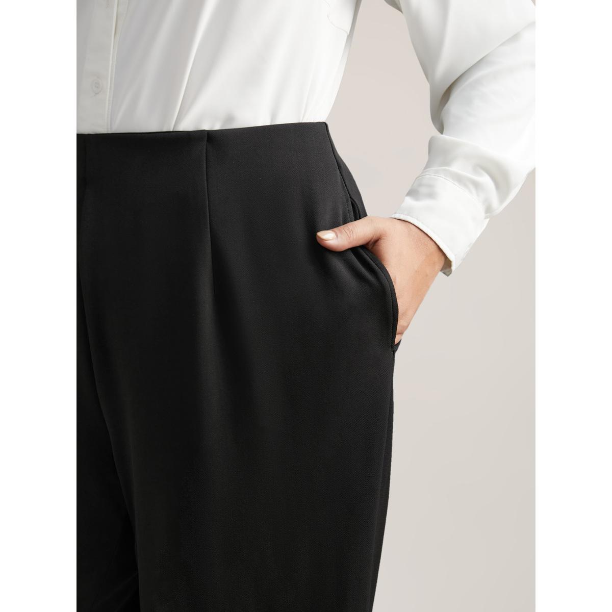 Plus Size Solid Elastic Waist Pleated Wide Leg Pants Women Black At the Office Wide Leg Mid Rise Work Pants BloomChic 18-20/2X Product Image