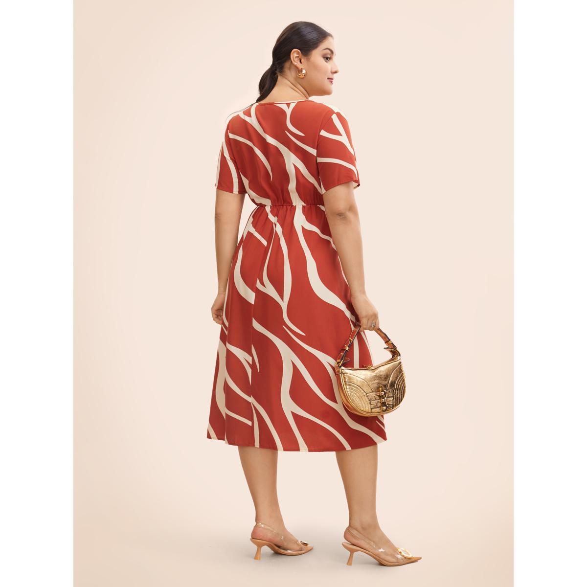 Plus Size Geometric Split Hem Midi Dress OrangeRed Women Workwear Essentials Non Round Neck Short sleeve Curvy BloomChic 22-24/3X Product Image