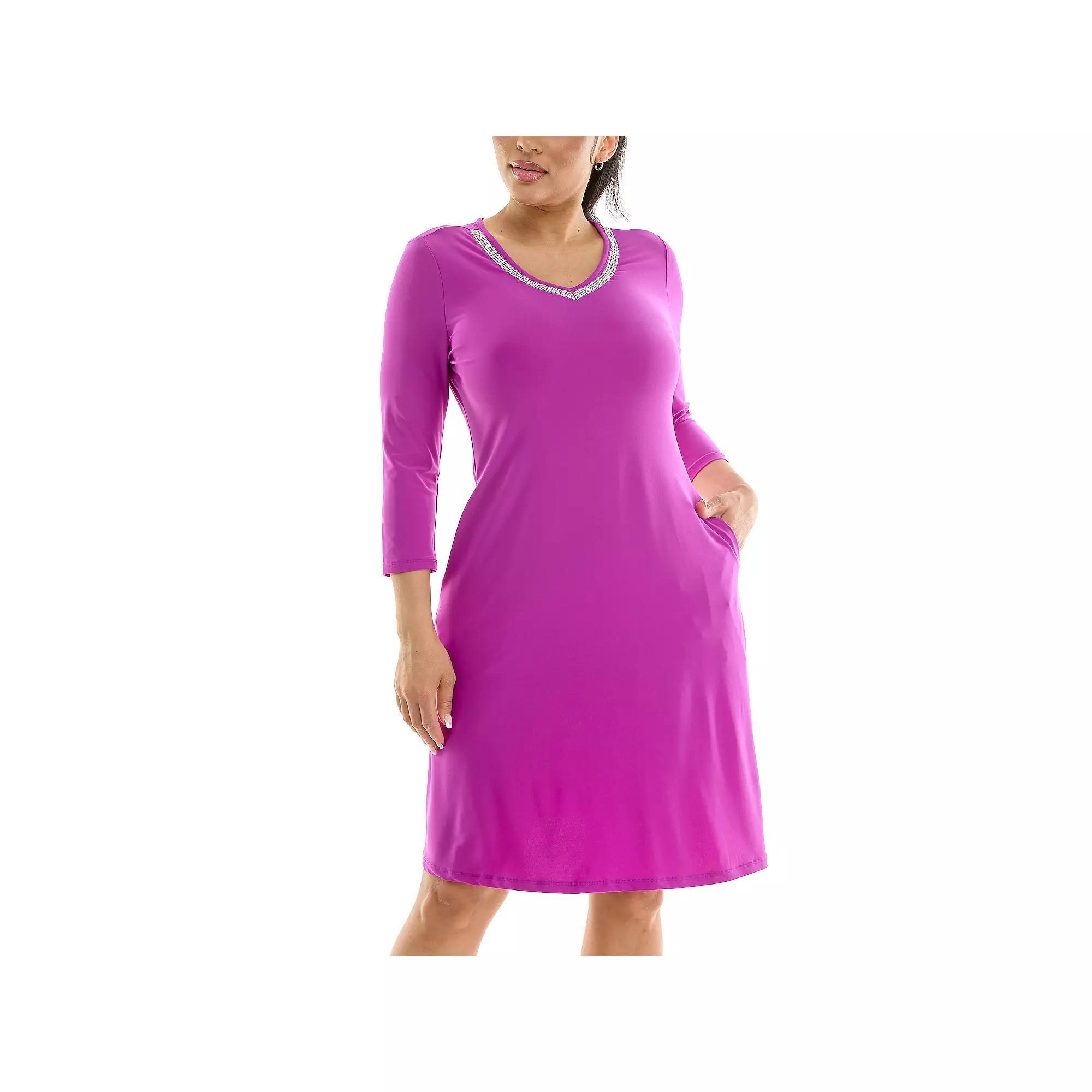 Women's Nina Leonard Necklace Trim Pocket Dress, Size: XL, Vibrant Purple Product Image