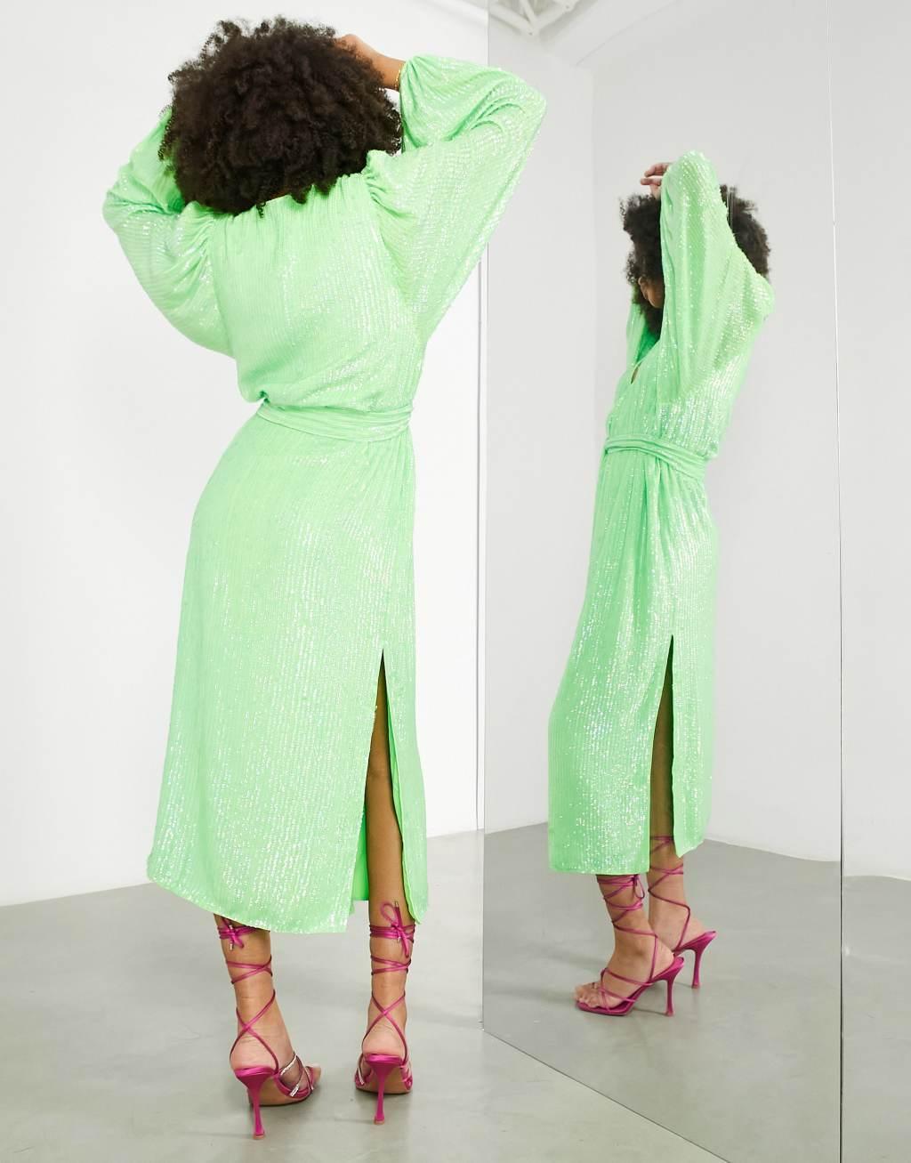 ASOS EDITION crystal sequin wrap midi dress with blouson sleeve Product Image