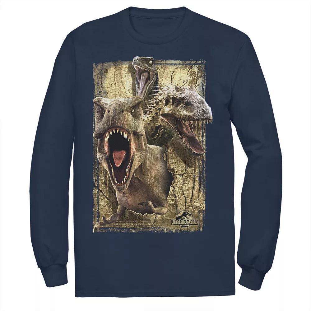 Men's Jurassic World T-Rex Indominus Rex & Raptor Long Sleeve Graphic Tee, Size: Large, Blue Product Image