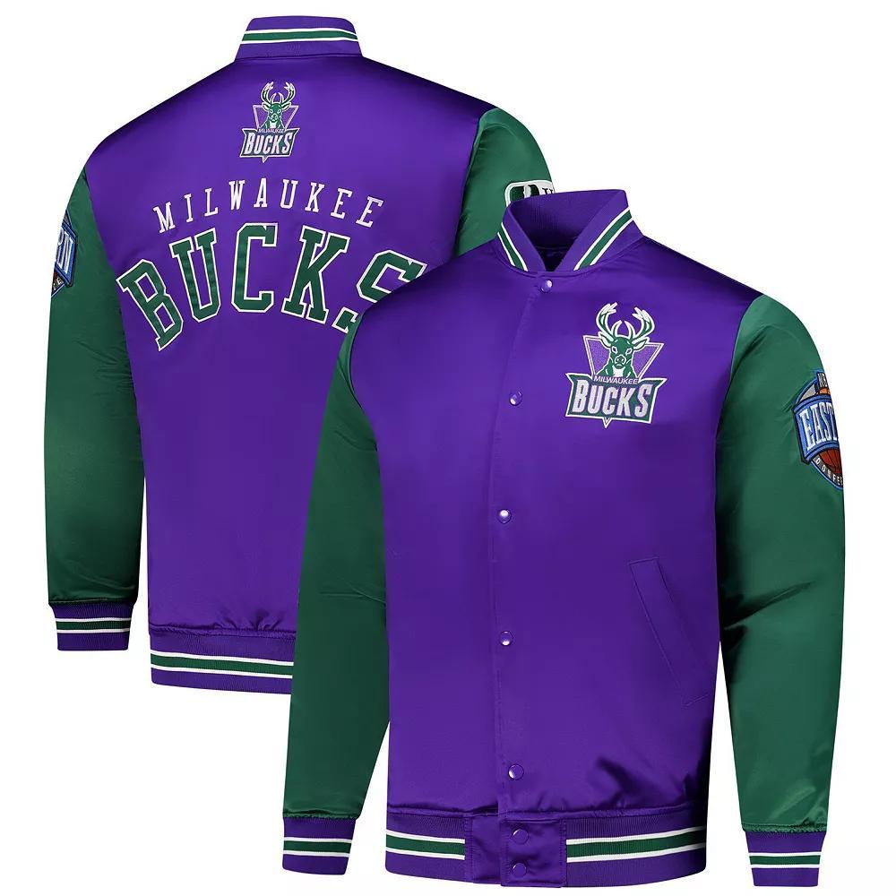 Men's Mitchell & Ness  Purple Milwaukee Bucks Hardwood Classic Primetime Full-Snap Satin Jacket, Size: Medium Product Image