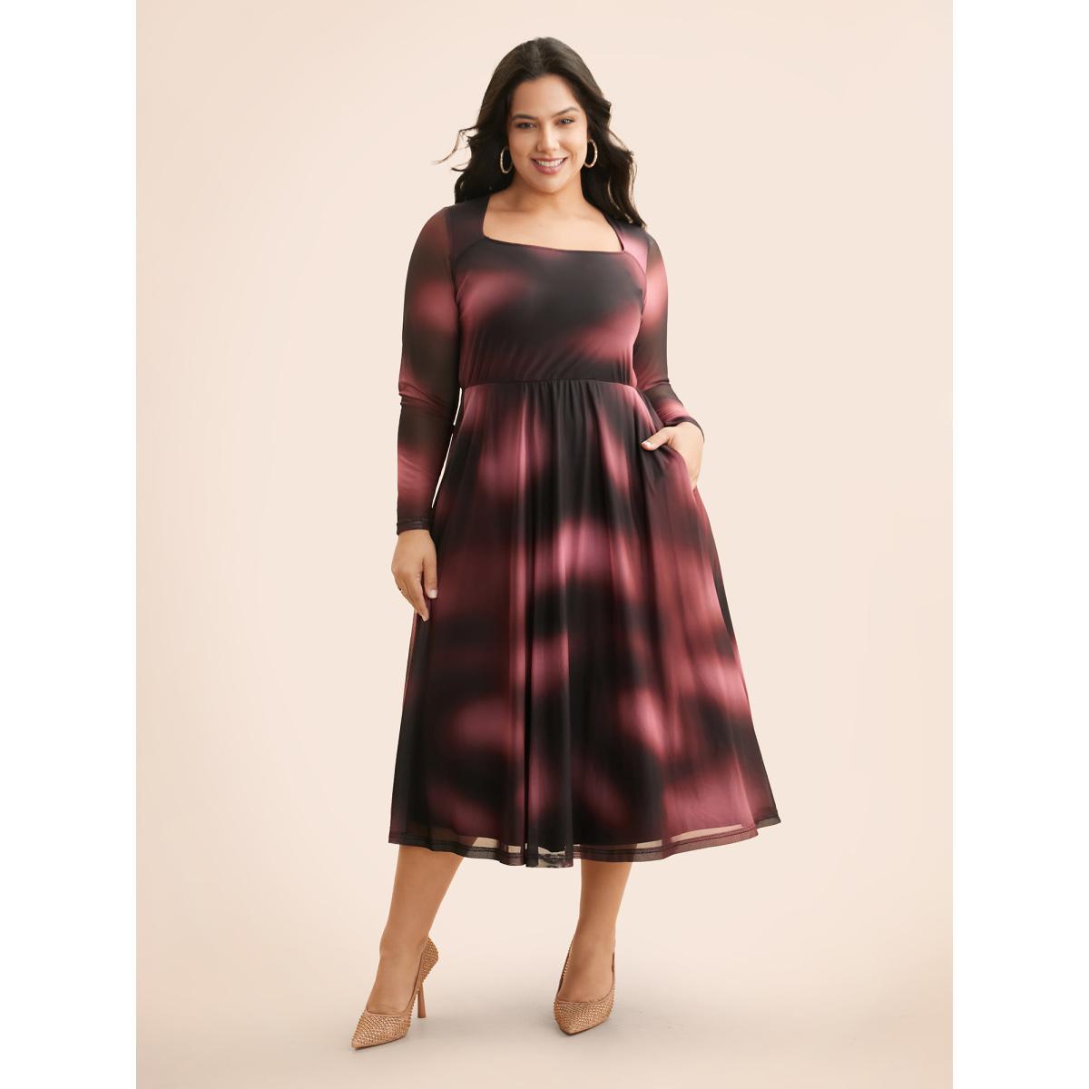 Plus Size Square Neck Gradient Dyeing Mesh Dress Eggplant Women Cocktail Texture Party Curvy Bloomchic 12/L Product Image