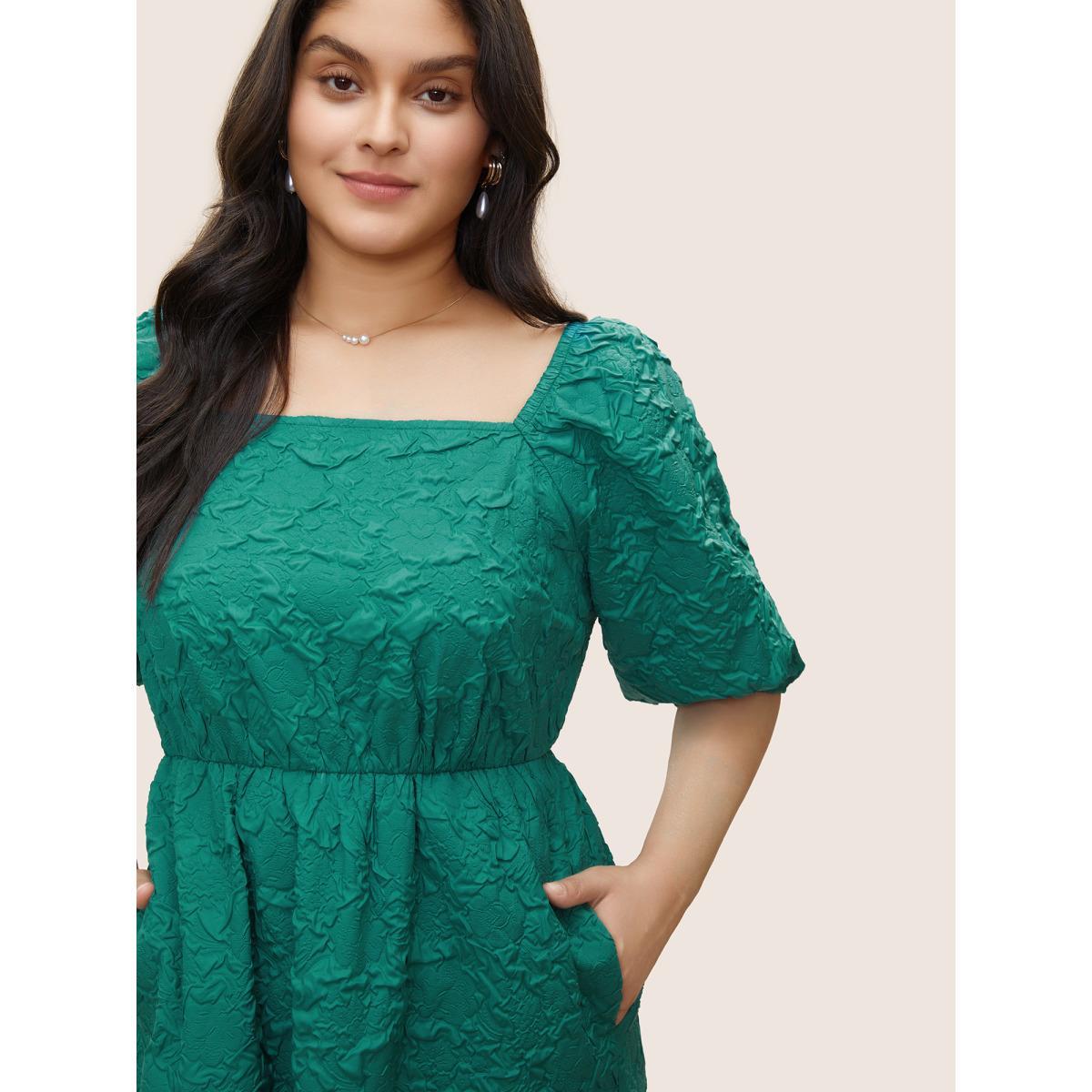 Plus Size Plisse Patchwork Flutter Hem Square Neck Dress Emerald Women Elegant Non Square Neck Half Sleeve Curvy Midi Dress BloomChic 12/L Product Image