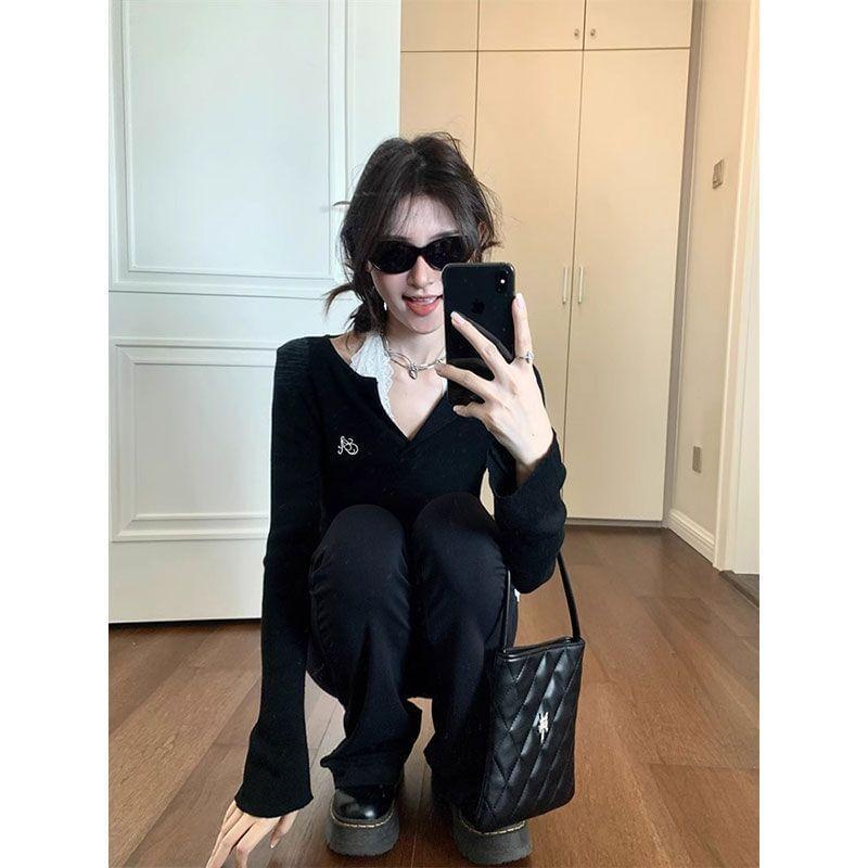 Long Sleeve V-Neck Lettering Embroidered Top / Halter Plain Lace Top Product Image