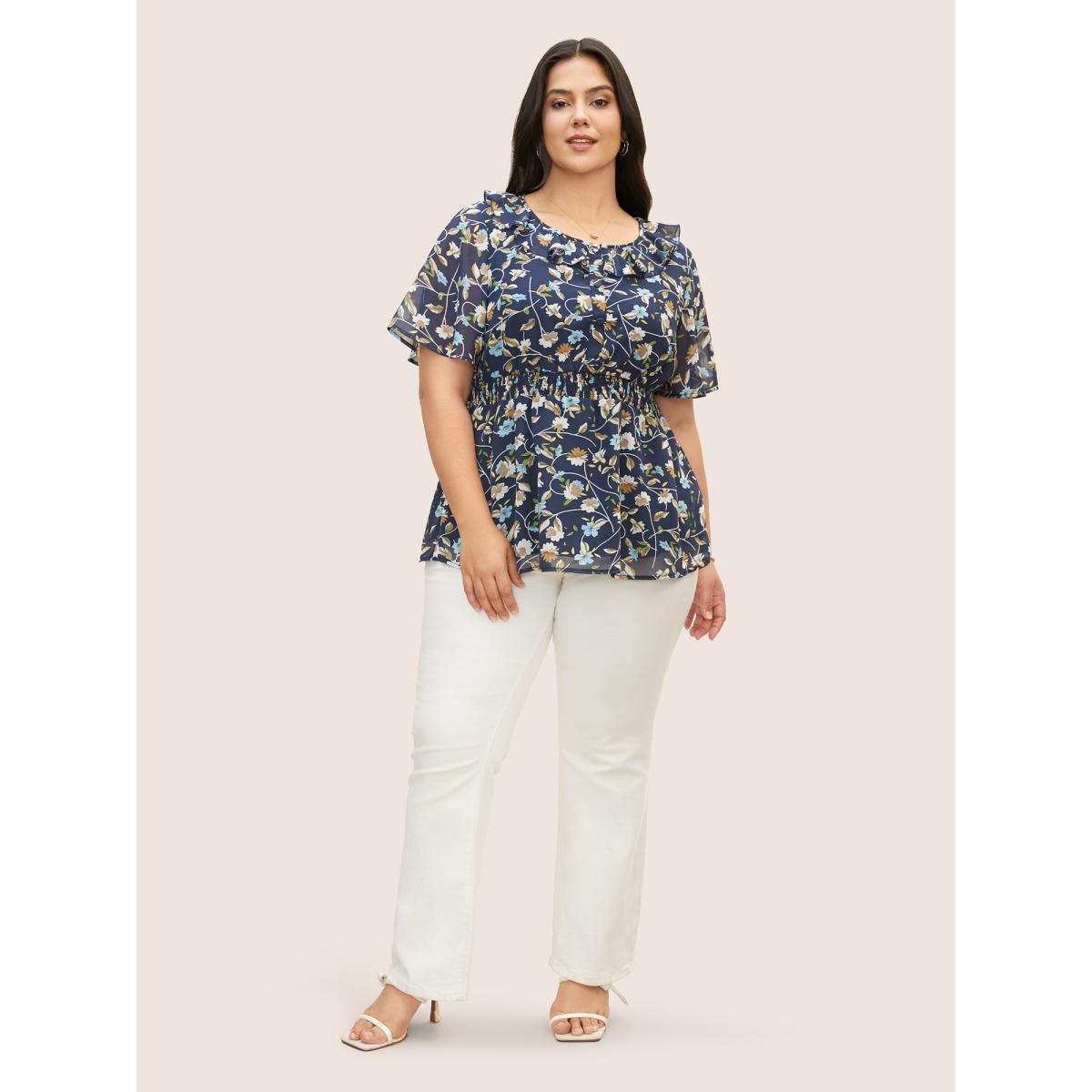 Plus Size Midnight Round Neck Floral Ruffles Shirred Blouse Women Elegant Short sleeve Round Neck Everyday Blouses BloomChic 26/4X Product Image