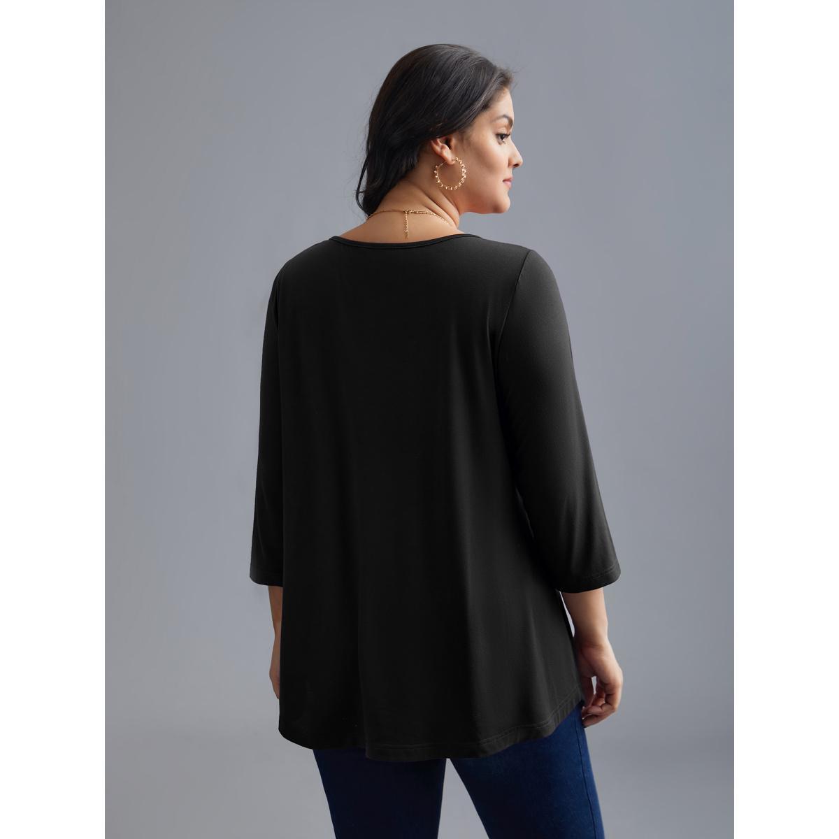 Plus Size Asymmetrical Hem Overlap Long T-shirt Black Women Elegant Tucked seam Round Neck Loose Everyday T-shirts BloomChic 30/6X Product Image