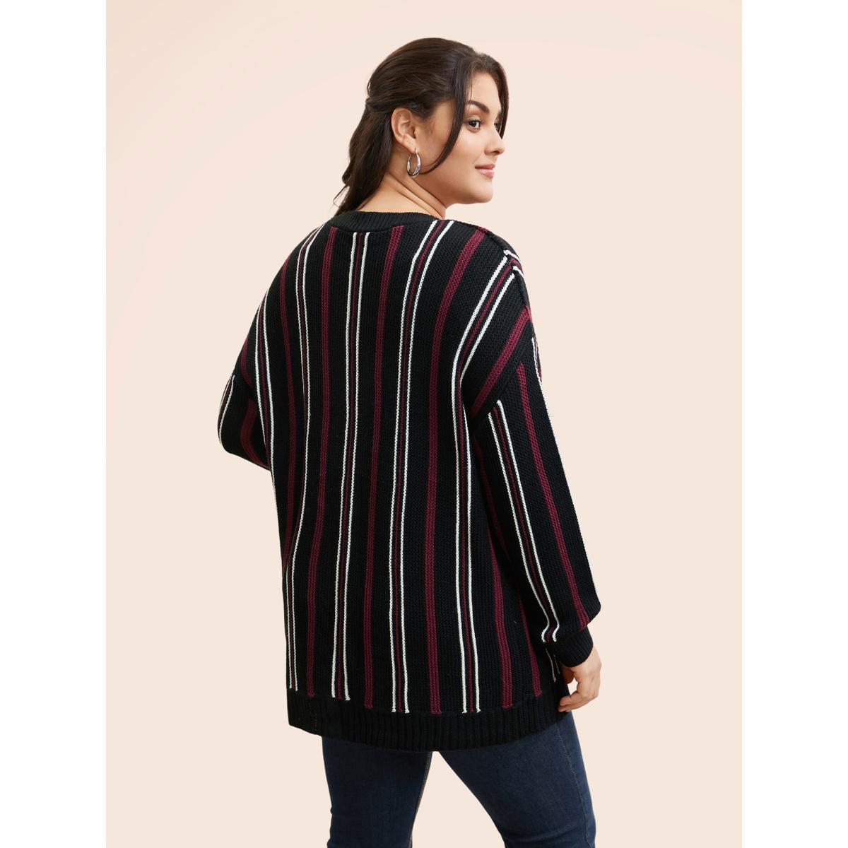 Plus Size Striped Patched Pocket Drop Shoulder Cardigan Black Women Casual Long Sleeve Everyday Cardigans BloomChic 12/L Product Image