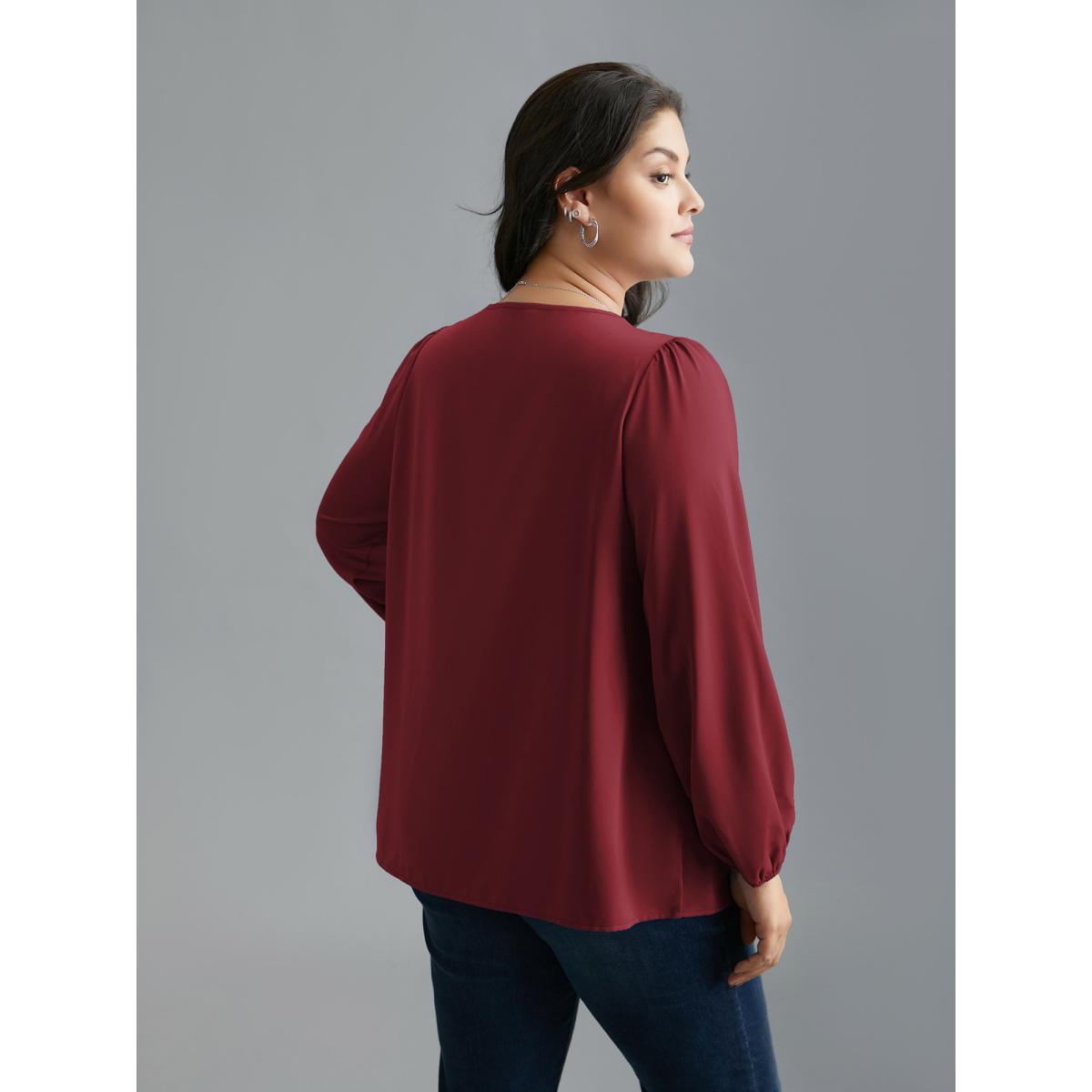 Plus Size Burgundy Criss Cross Neckline Puff Sleeve Gathered Blouse Women Elegant Long Sleeve Asymmetrical Neck Everyday Blouses BloomChic 12/L Product Image