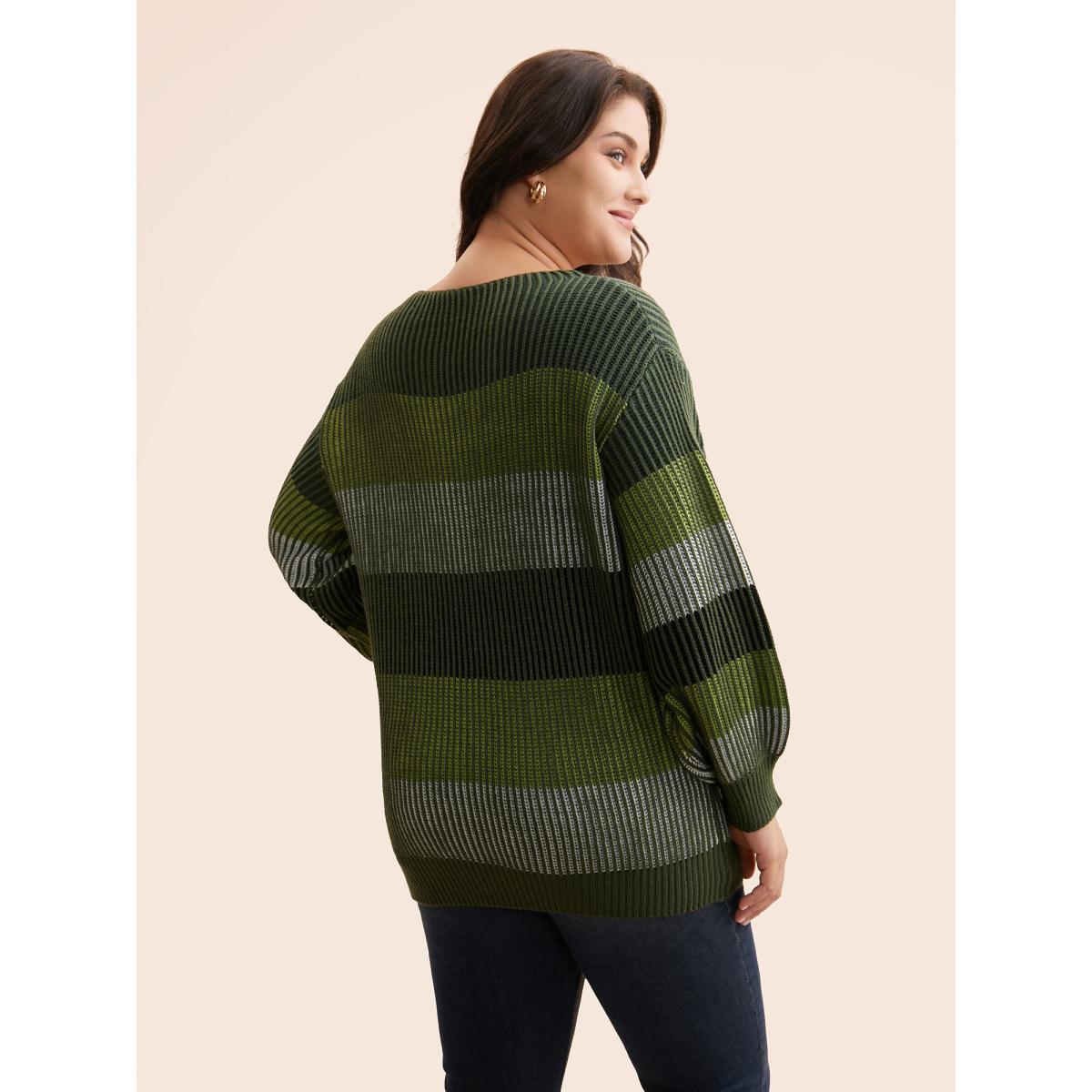 Plus Size Textured Striped Contrast Patchwork Pullover ArmyGreen Women Casual Long Sleeve Round Neck Everyday Pullovers BloomChic 22-24/3X Product Image