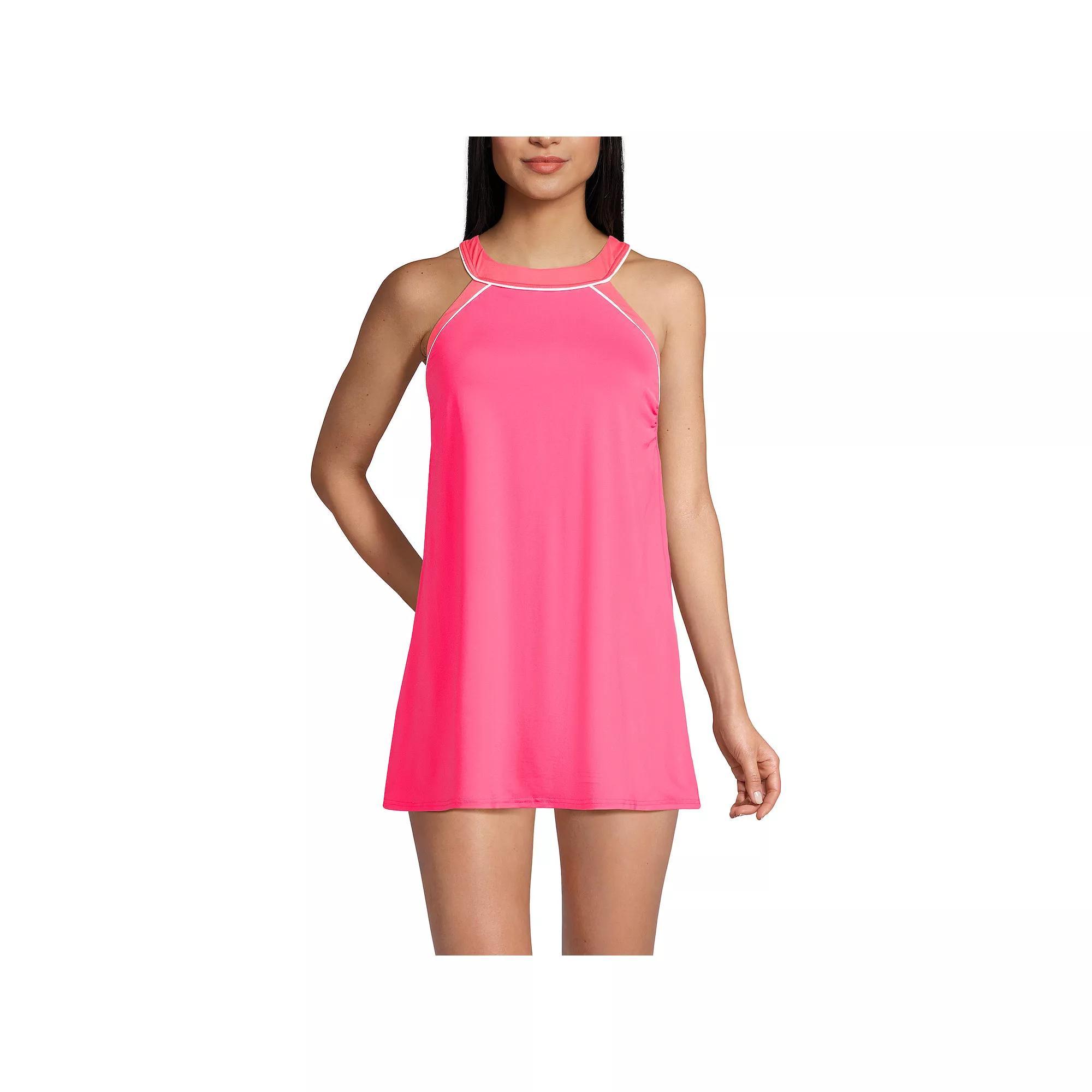 Women's Lands' End UPF 50 High Neck One-Piece Swim Dress, Size: 8, Rouge Pink Wood Lily Product Image