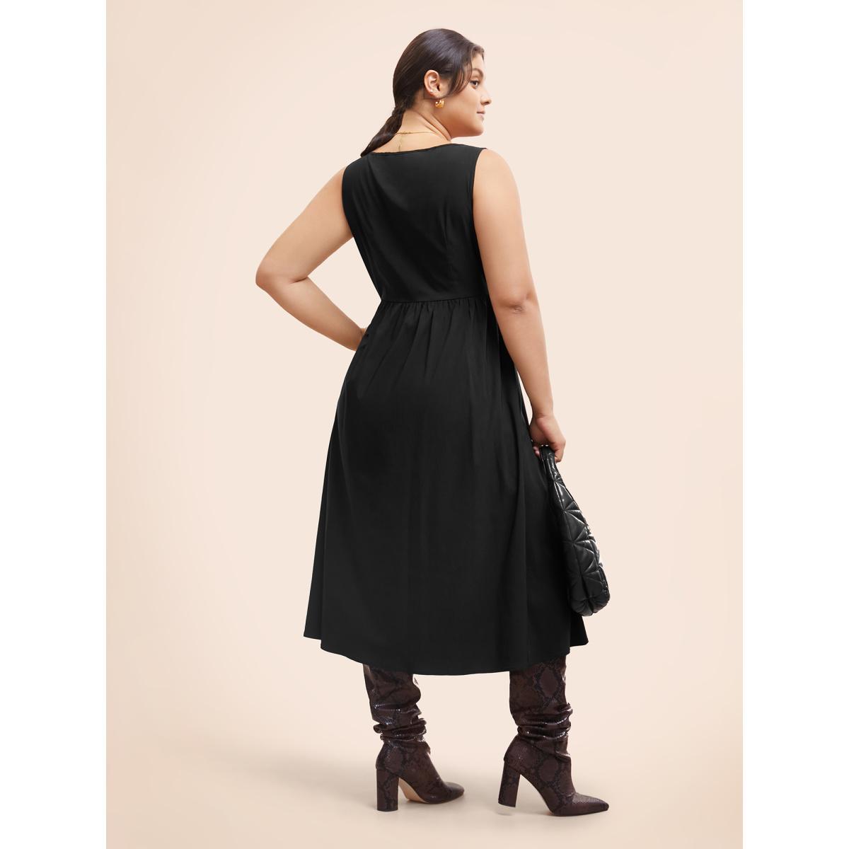 Plus Size Stretch Woven Blend Multiple Splicing Midi Dress Black Women Workwear Essentials Gathered Round Neck Sleeveless Curvy BloomChic 10/M Product Image