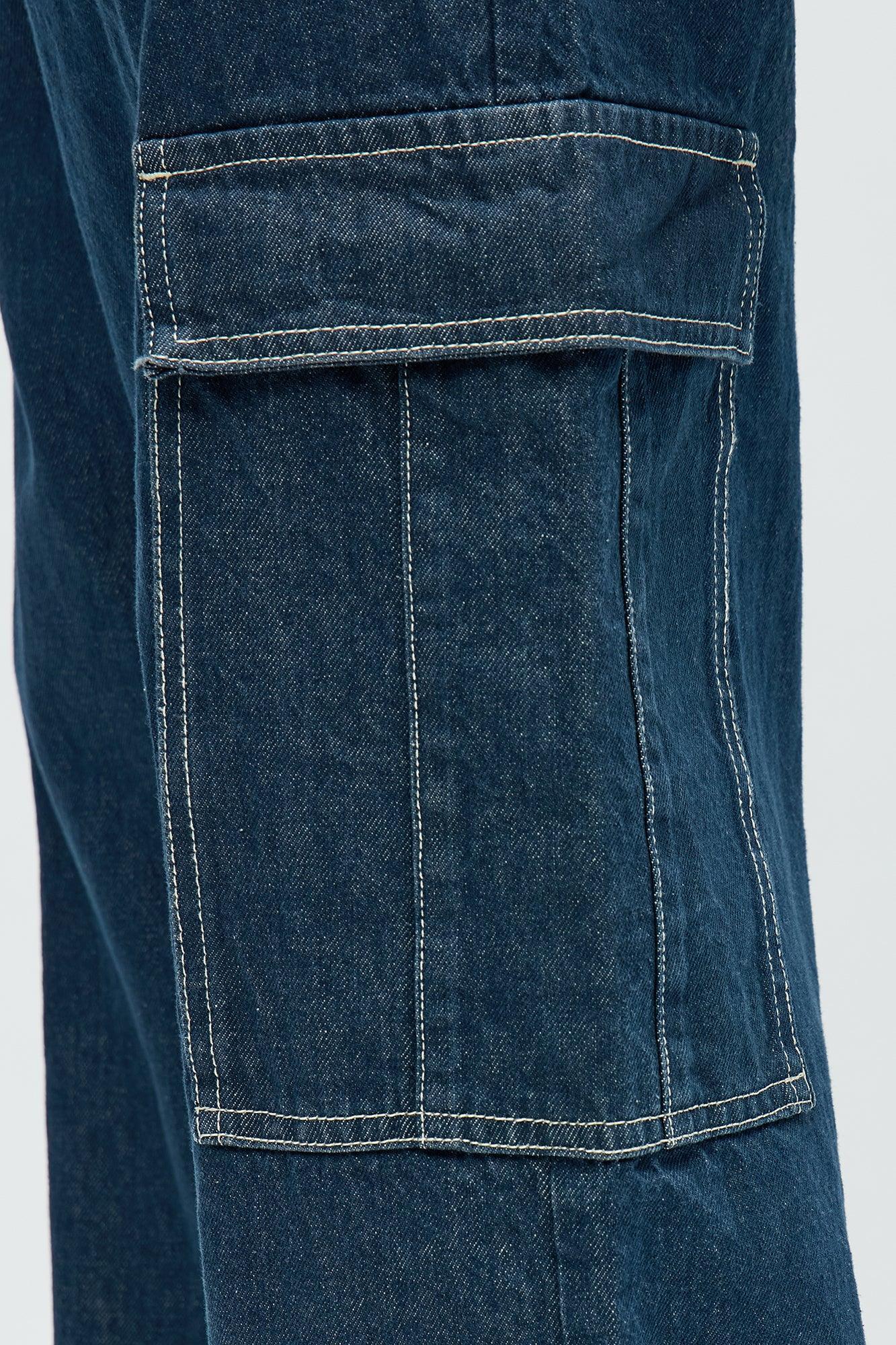 Deep End Contrast Stitch Baggy Jeans - Dark Wash Male Product Image