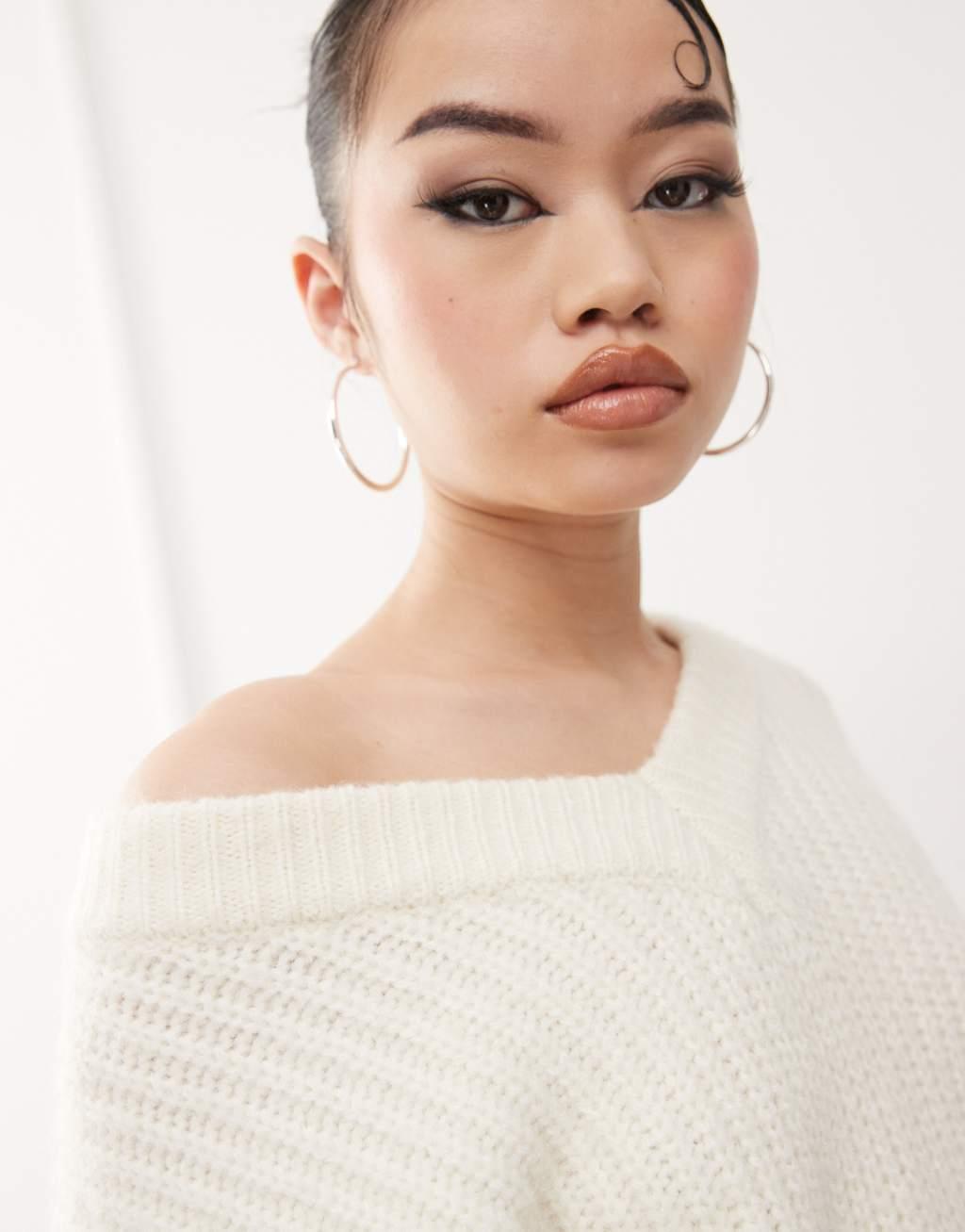 Princess Polly rib knit oversized v neck sweater in cream Product Image