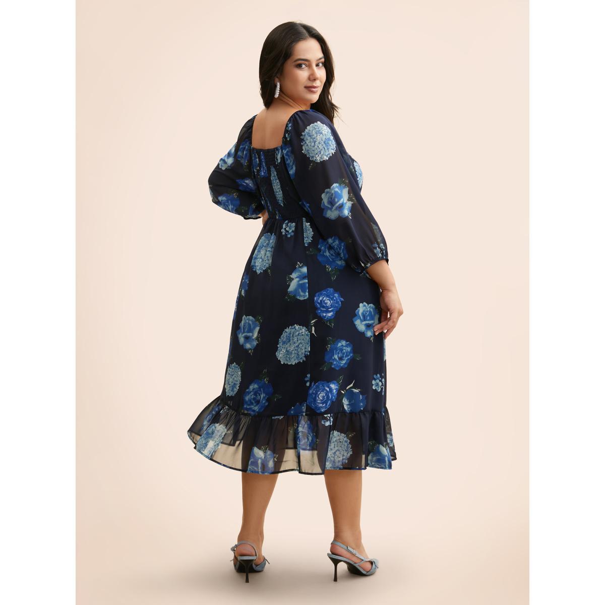 Plus Size Floral Patchwork Ruffle Hem Mesh Dress DarkBlue Women Elegant See through Square Neck Elbow-length sleeve Curvy BloomChic 26/4X Product Image