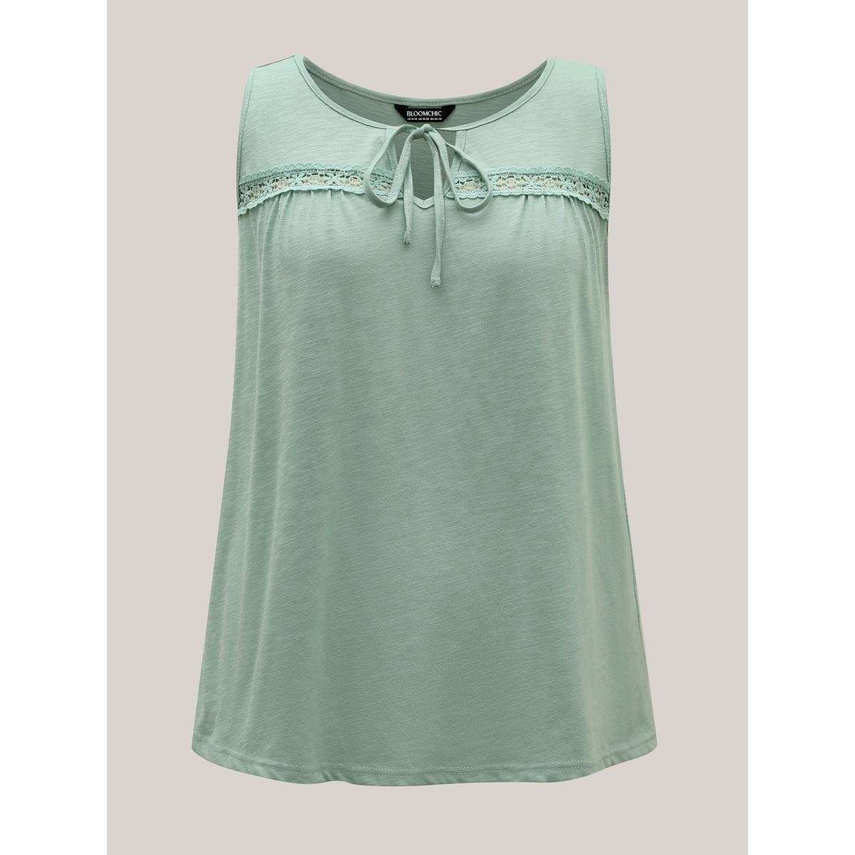 Plus Size Bamboo Cotton Stretchy Pleated Tank Top Women Greenbean Woven ribbon&lace trim Flat collar with V-notch Everyday-Elegant Tank Tops Camis BloomChic 28/5X Product Image