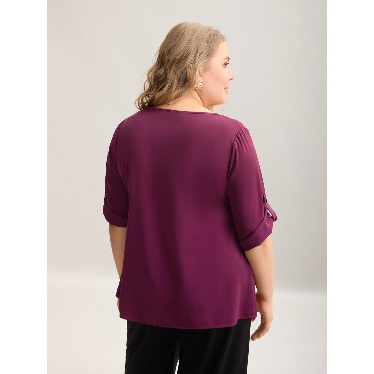 Plus Size Plum Toothpick Pleat Gathered Sleeve Solid Shirt Women At the Office Elbow-length sleeve Notched collar Work Blouses BloomChic 26/4X Product Image